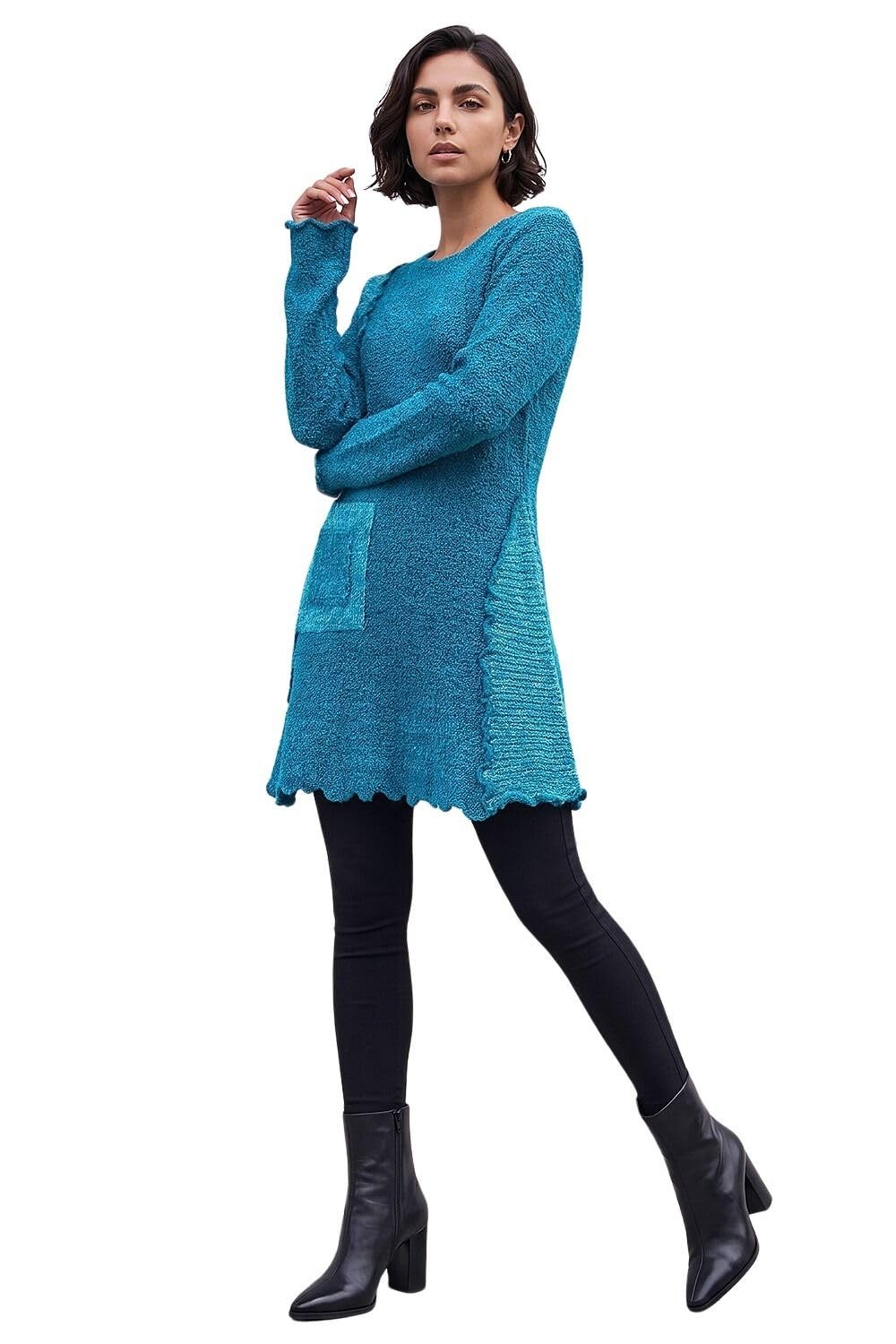 Roman Originals Women's Teal Textured Pocket Detail Longline Jumper For Uk - Everyday Autumn Winter Round Neckline Comfy Soft Evening Vacation Work Party Night Out - Size 14