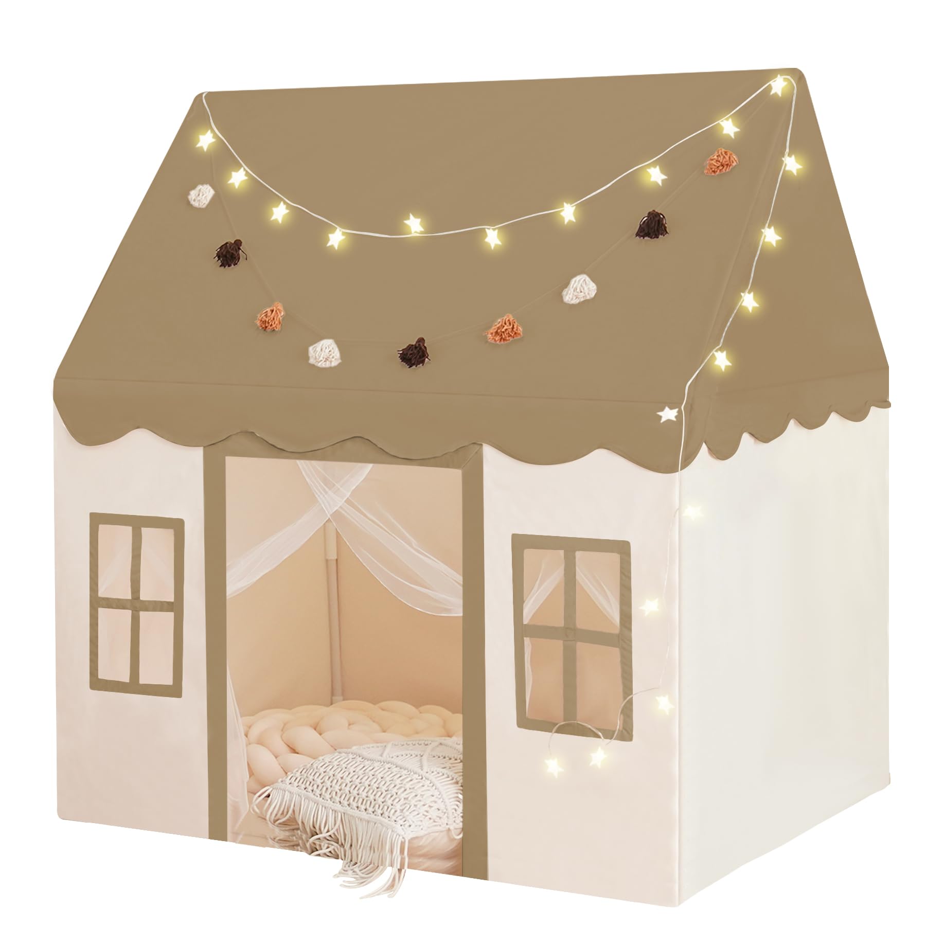 little dove Play Tent with Mat, Star Light Large Kids Playhouse with Windows Easy to Wash, Indoor and Outdoor Play Tent for Kids, Toys for Girls, Boys, 47x40x52 (Brown Play Tent, Large Size)