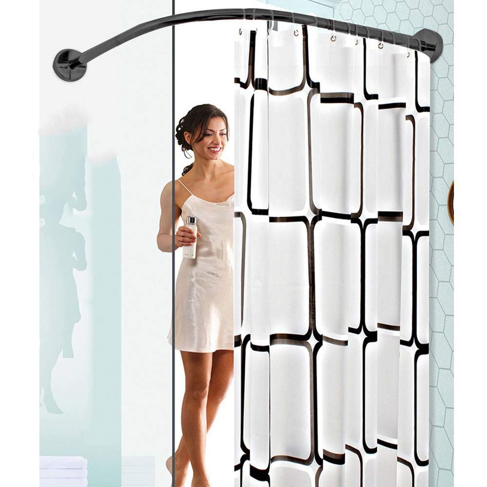 Wing Barra Cortina Ducha Esquina Forma de L Barra de Cortina de Ducha Curvada de Acero Inoxidable, para Baño, Tienda De Ropa, Negro,90×90cm
