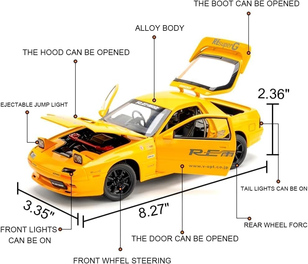 Image of NISHCHAY 1:24 Scale Die-Cast Model Car for Mazda RX7 Alloy with Popup Headlight Function Light and Music (Engine Start) for Kids and Adults on Birthday Gift 【Pack of -1 (White /Yellow)】【Random Color】