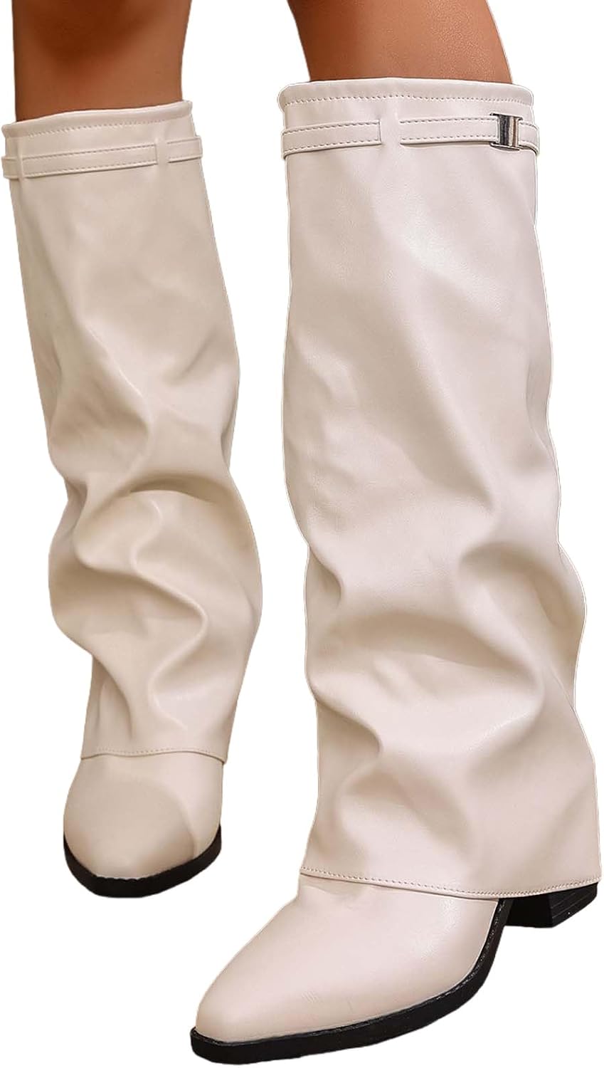 Women's Knee High Boots Low Chunky Heel Slouchy Boot Faux Leather Wide Calf Tall Boots Round Toe Pull On Riding Biker Boot Comfortable Fashion Long Booties