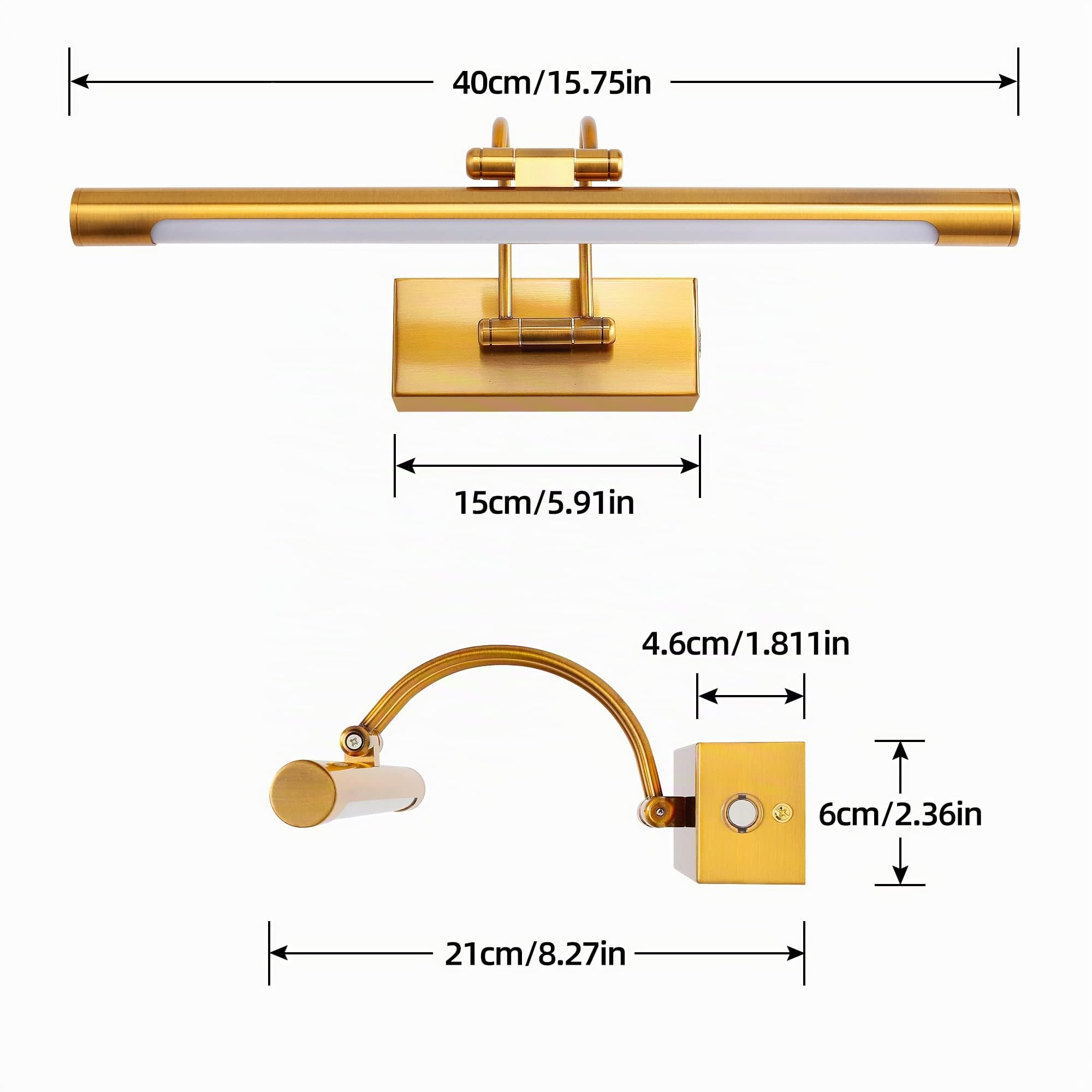 MantoLite LED Regulable Lámparas de Pared 10W,40CM Interior Iluminación para cuadros y expositores Cabeza Giratoria Lectura Lámpara,Latón Mate Baño Espejo Apliques de Pared 3000K/4000K/6000K