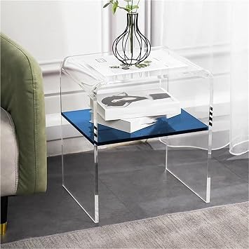Table Stylish 2-Tier Acrylic Slim Side Table Bed Multifunction Sofa Clear Acrylic Corner Bedroom Bed Nightstand Small Dining Table for Living Room Bedroom Office Blue