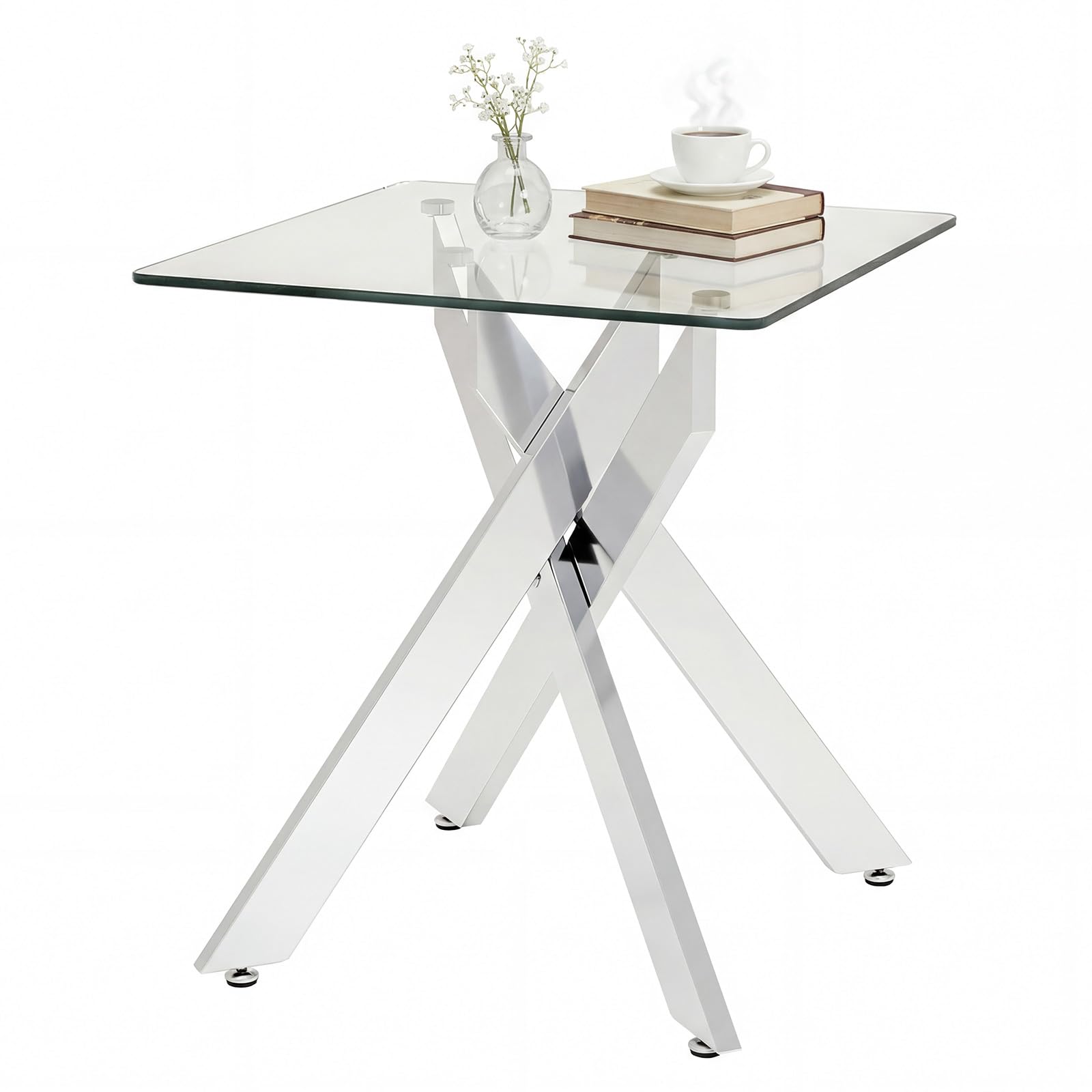 COSTWAY Mesita Auxiliar de Cristal, Mesa de Centro Cuadrada con Encimera de Cristal Templado de Seguridad y Base Metálica en X, Mesita Auxiliar para Salón, Dormitorio, 50x50x57 cm, Plateado