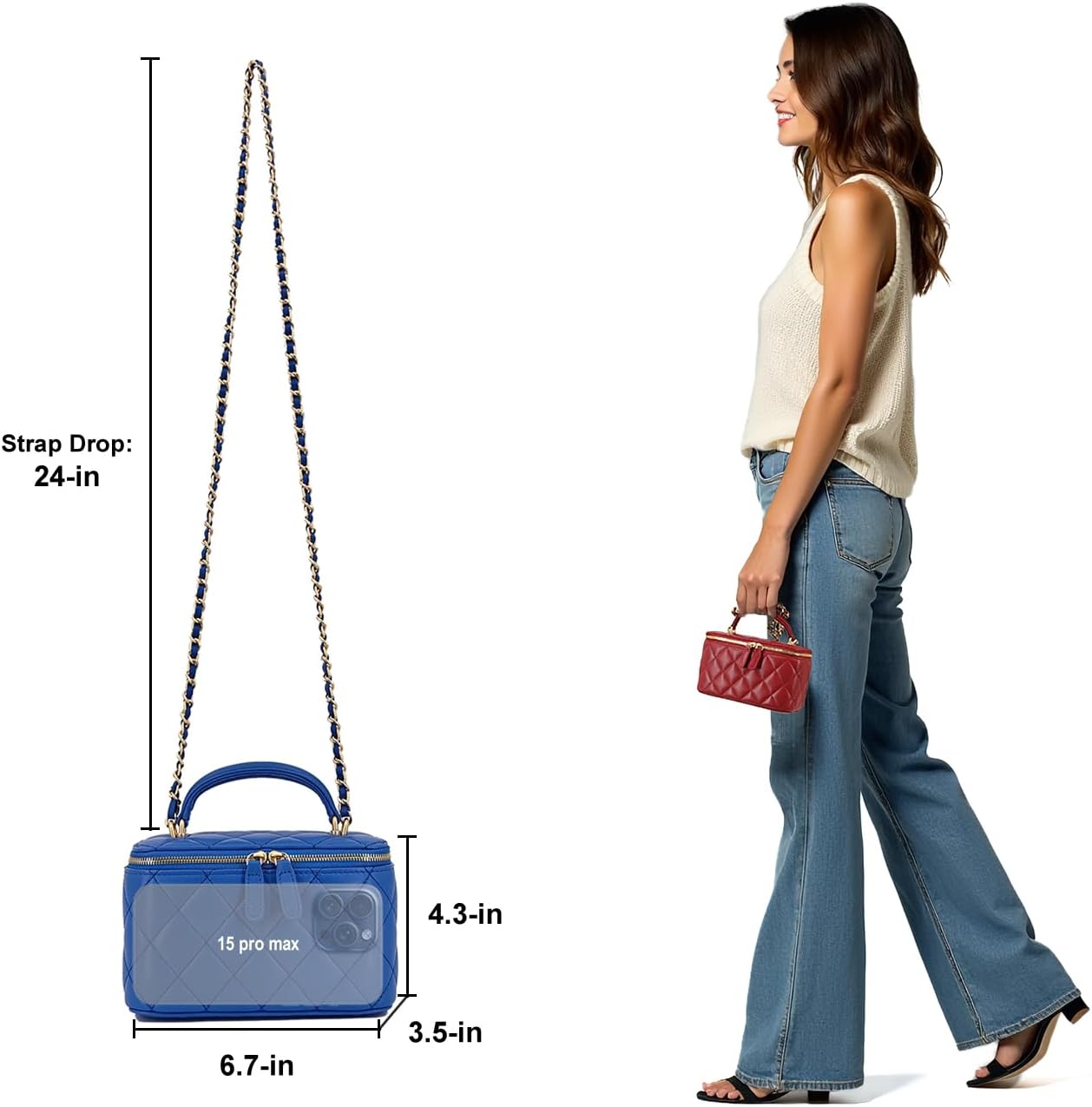 Small Genuine Leather Purse Quilted Crossbody Bag for Women, Mini Top-Handle Shoulder Handbag w/Gold Chain Strap - Image 2