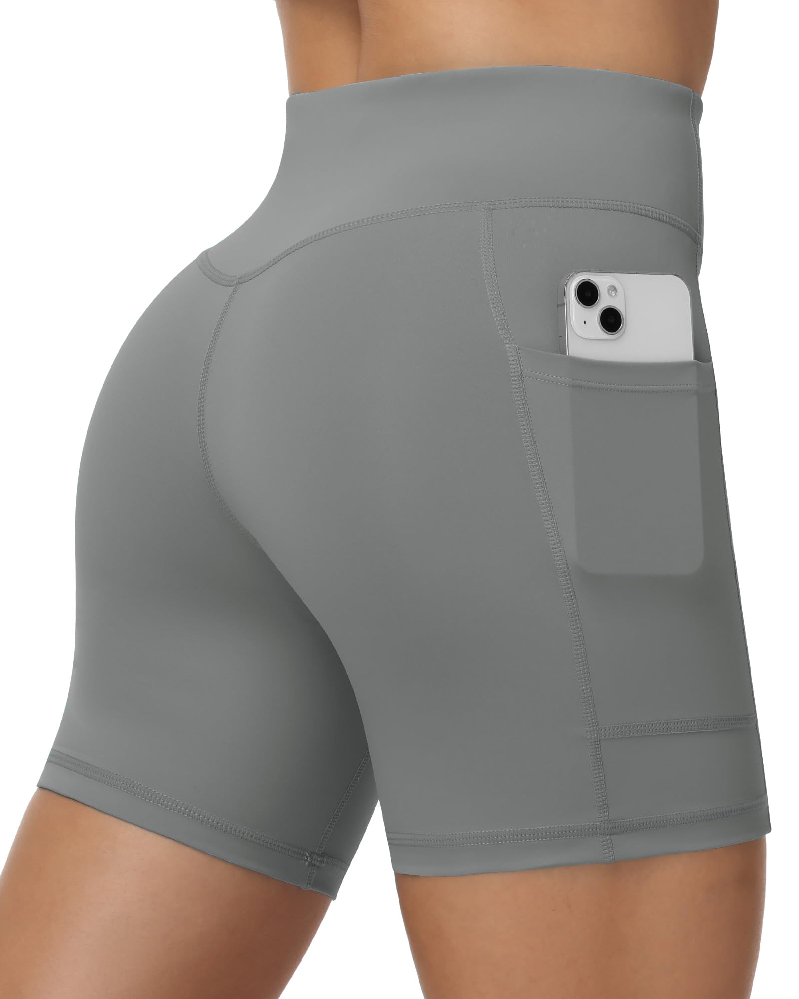 Runhit Sporthose Kurz Damen mit Taschen, 5" Blickdichte Kurze Leggings, Hohe Taille Bauchkontrolle Radlerhose Damen Kurz für Kleid, Sommer Gym Shorts, Hellgrau XXL
