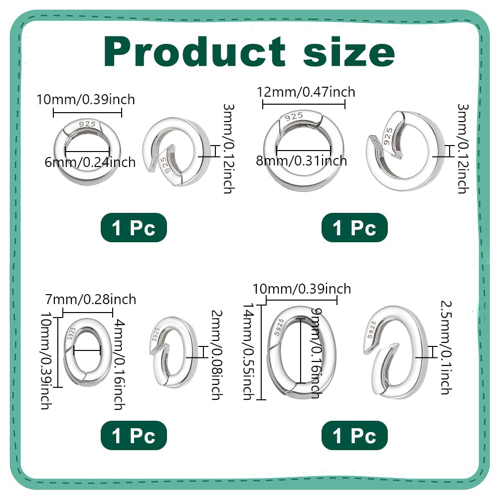 NBEADS 4 pz 4 Stili 925 Quelliusura A Molla In Argento Sterling, Ovali e Rotonde Anelli di quelliusura Connettori per Gioielli A Scatto per La Creazione di Gioielli Fai Da Te Collane Bracciali