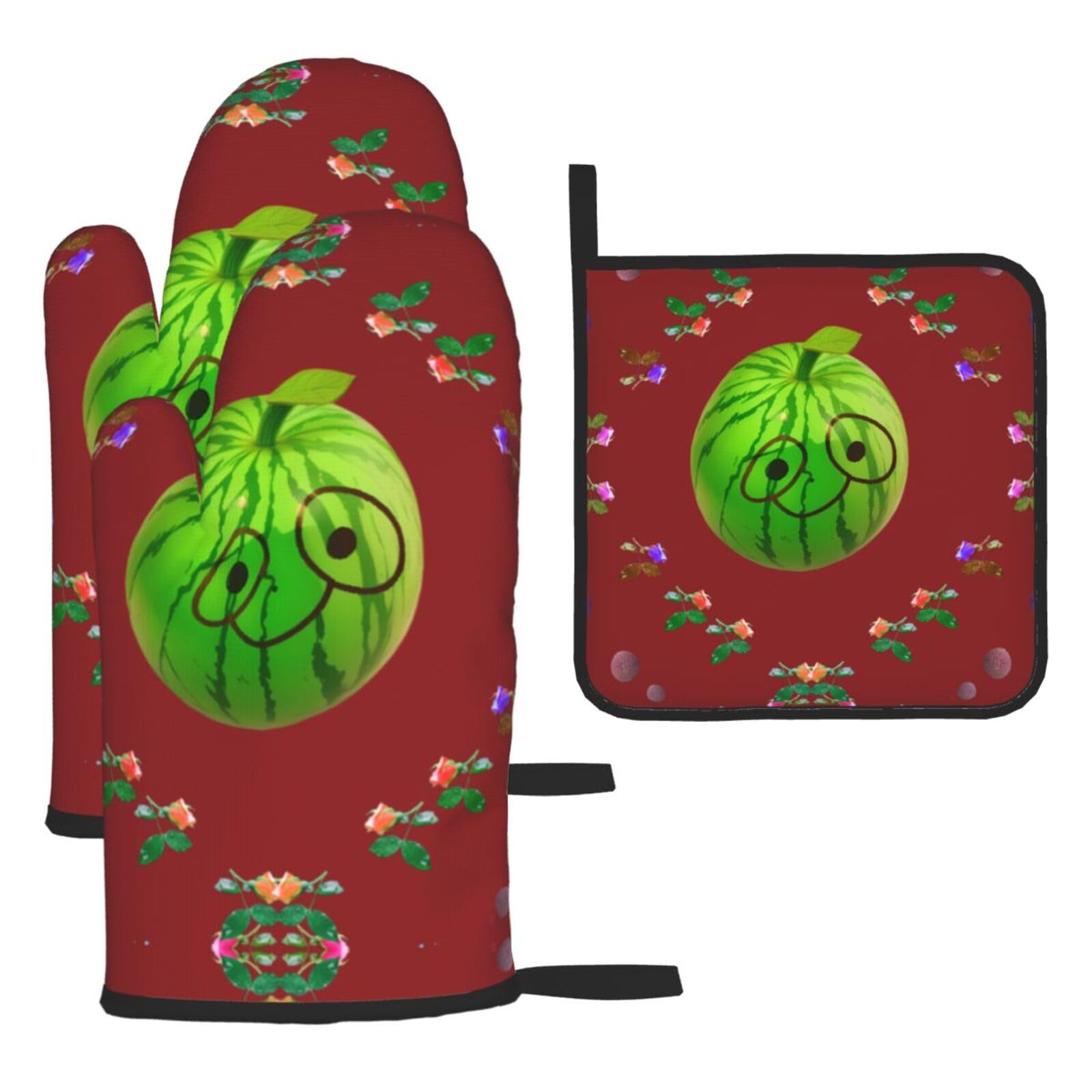 Big Eye Watermelon Oven mittens and oven mitts three-piece set suitable for oven, grilling, baking, microwave and home cooking.