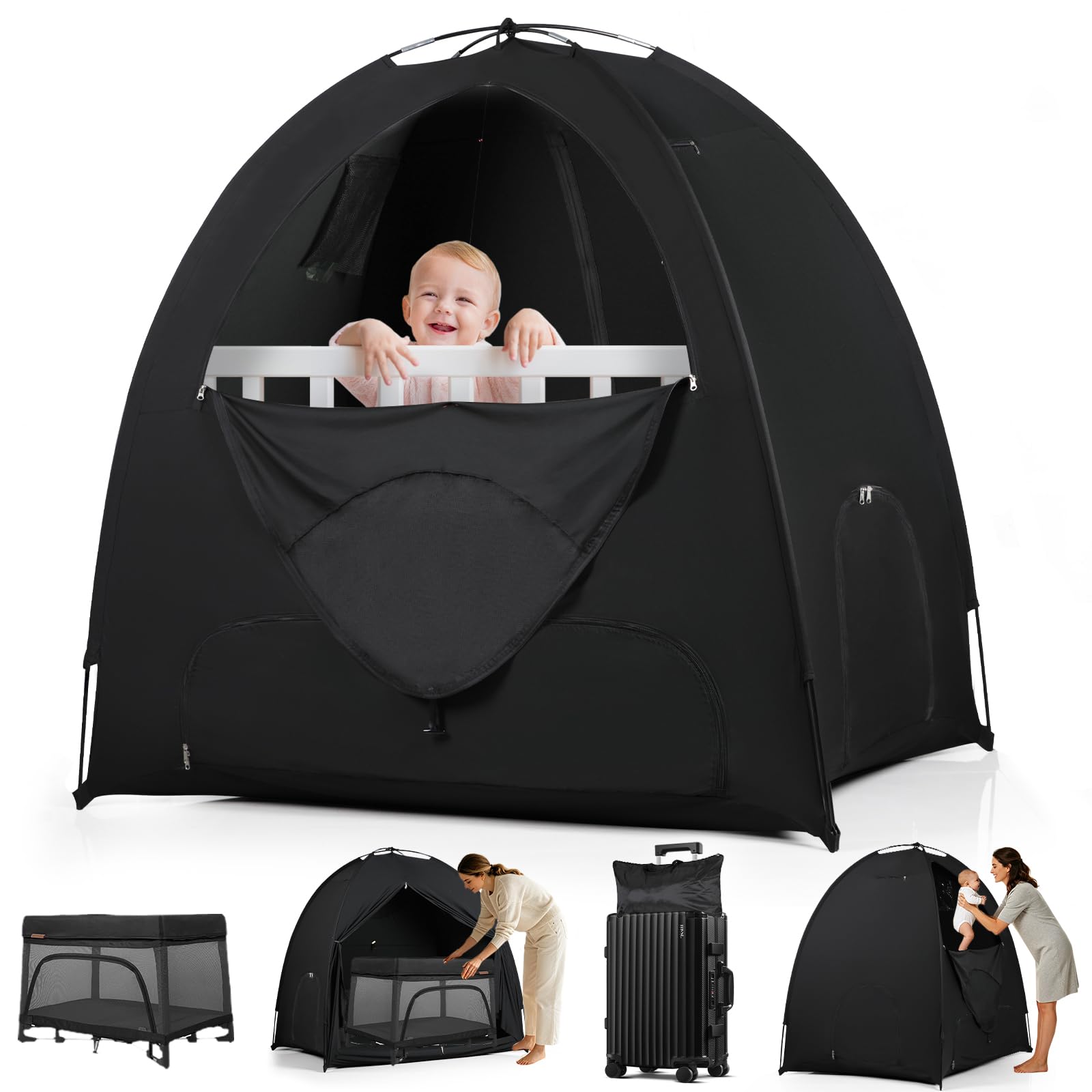Photo 1 of WANRU Blackout Tent for Pack and Play, 95% Light Blocking Portable Sleep Pod, Easy Setup No Tools, Pack n Play Cover Fits Standard Playards, Travel Canopy with Monitor Pouch, Black 53"x37"x55"