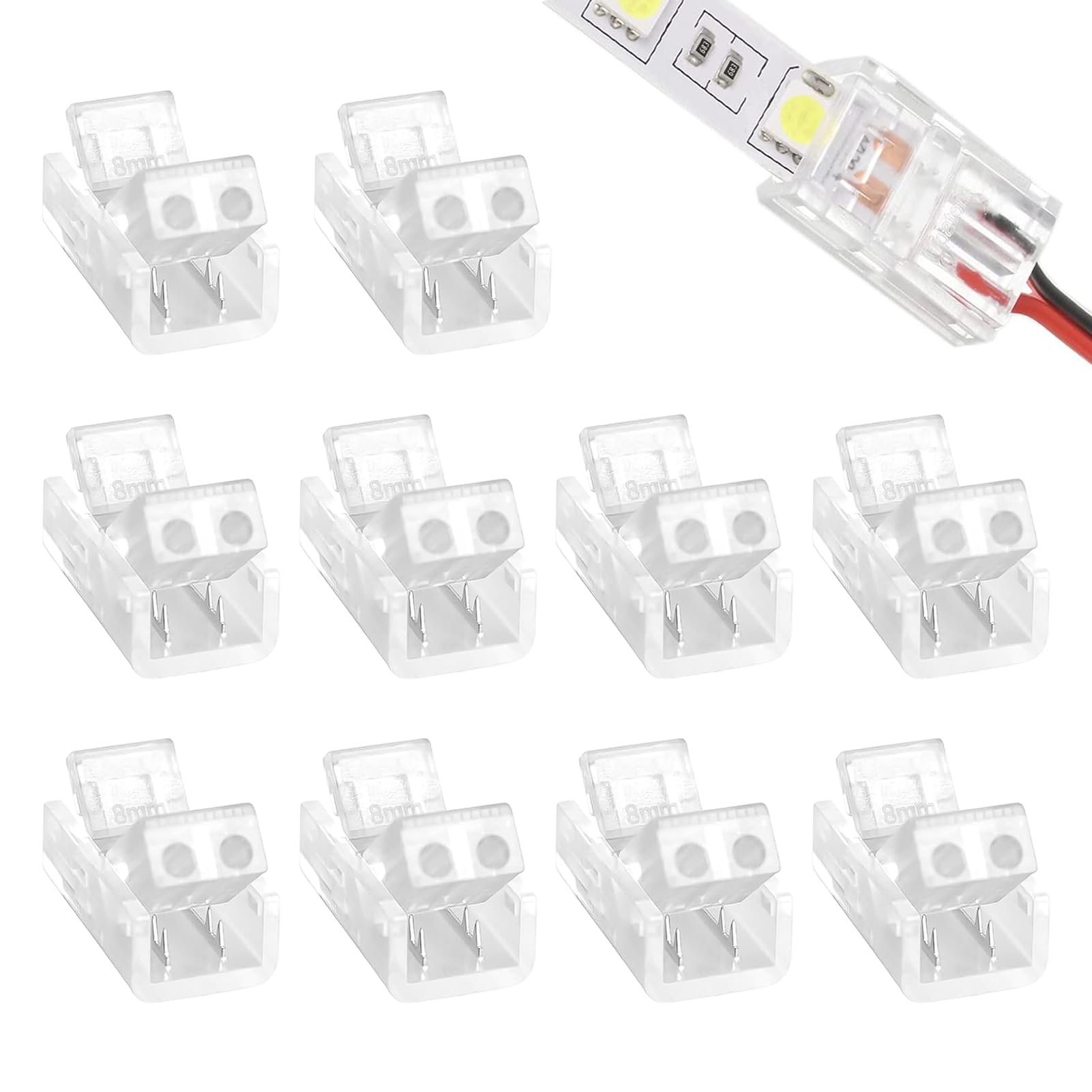 10 PCS 2 Pin 8mm LED Strip Connectors Solderless, COB LED Strip Gapless Connector, Quick Wire Connector Adapter for Waterproof 12V & 24V LED Strips, 22 AWG Stable Connection, No Soldering Required