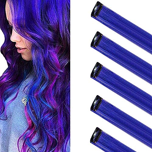 FORCUTEU 10PCS Colored Clip in Hair Extensions Party Highlights Clip in Colored Hair Extensions for Kids Blue Hair Extensions Clip in 21 inch Straight Synthetic Hairpieces (Dark blue)