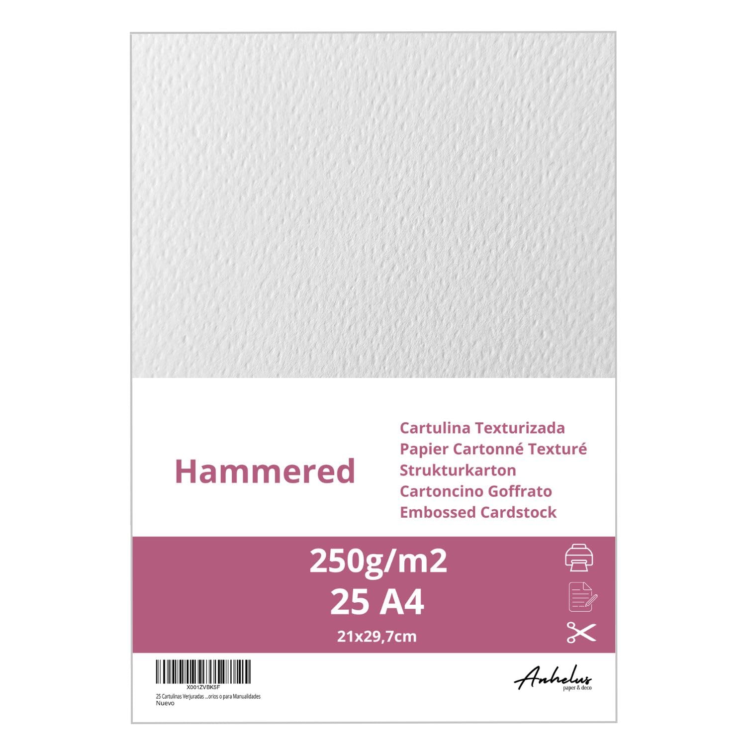 ANHELUS PAPER & DECO 25 Cartulinas Verjuradas de 250g/m2 de Grosor - Paquete de 25 Hojas DIN A4 - Cartulina Hammered para Crear Invitaciones de Boda, Diplomas, Recordatorios o para Manualidades