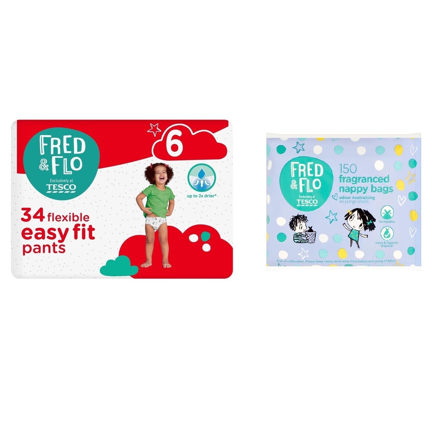 Fred & Flo Size 6 Nappy Pants 34 Pack + 150 Nappy Bags