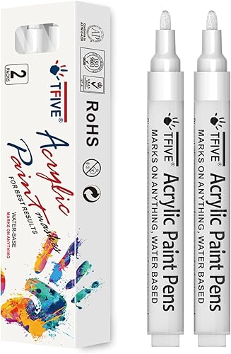 Miniatura 1 de TFIVE Rotuladores de pintura blanca  Paquete de 2 marcadores acrílicos permanentes, punta media de 0.18 a 0.118 pulgadas, bolígrafo de pintura para