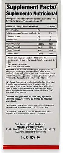 Miniatura 3 de Emulsión de Escocia. Suplemento dietético de aceite de hígado de bacalao. Rico en vitaminas A, D, E y B1. Sabor a fresa y plátano. 6.5 onzas