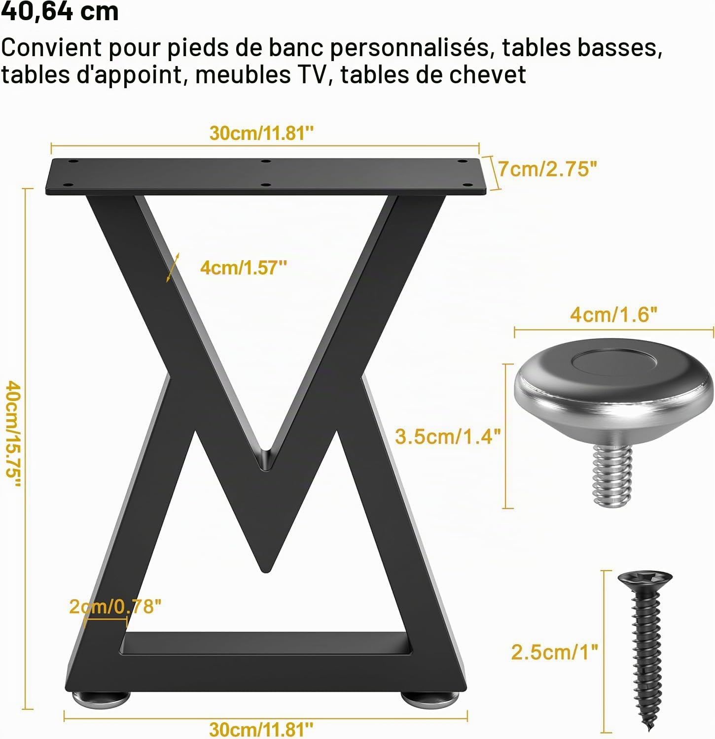 Lot de 2 Pieds de Table Basse en métal de 40,6 cm, Pieds de Banc en Forme de Losange, Pieds de Bureau Robustes en métal Noir, Pieds de Meubles de Bricolage (H x l) 40,6 x 29,3 cm