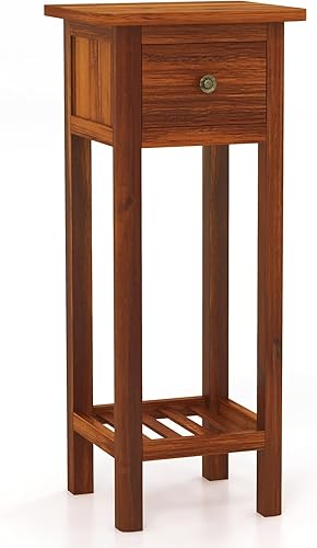 Miniatura 14 de Tangkula Mesa auxiliar estrecha de 2 niveles con cajón, mesa auxiliar alta de madera de acacia para espacios pequeños, mesita de noche delgada de