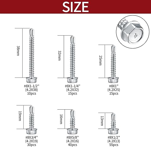 Miniatura 2 de 165 Pcs #8 Stainless Steel Self Tapping Screws for Metal, Sheet Metal Screws, Self Drilling Screws for Metal, Hex Head Self-Tapping Screws