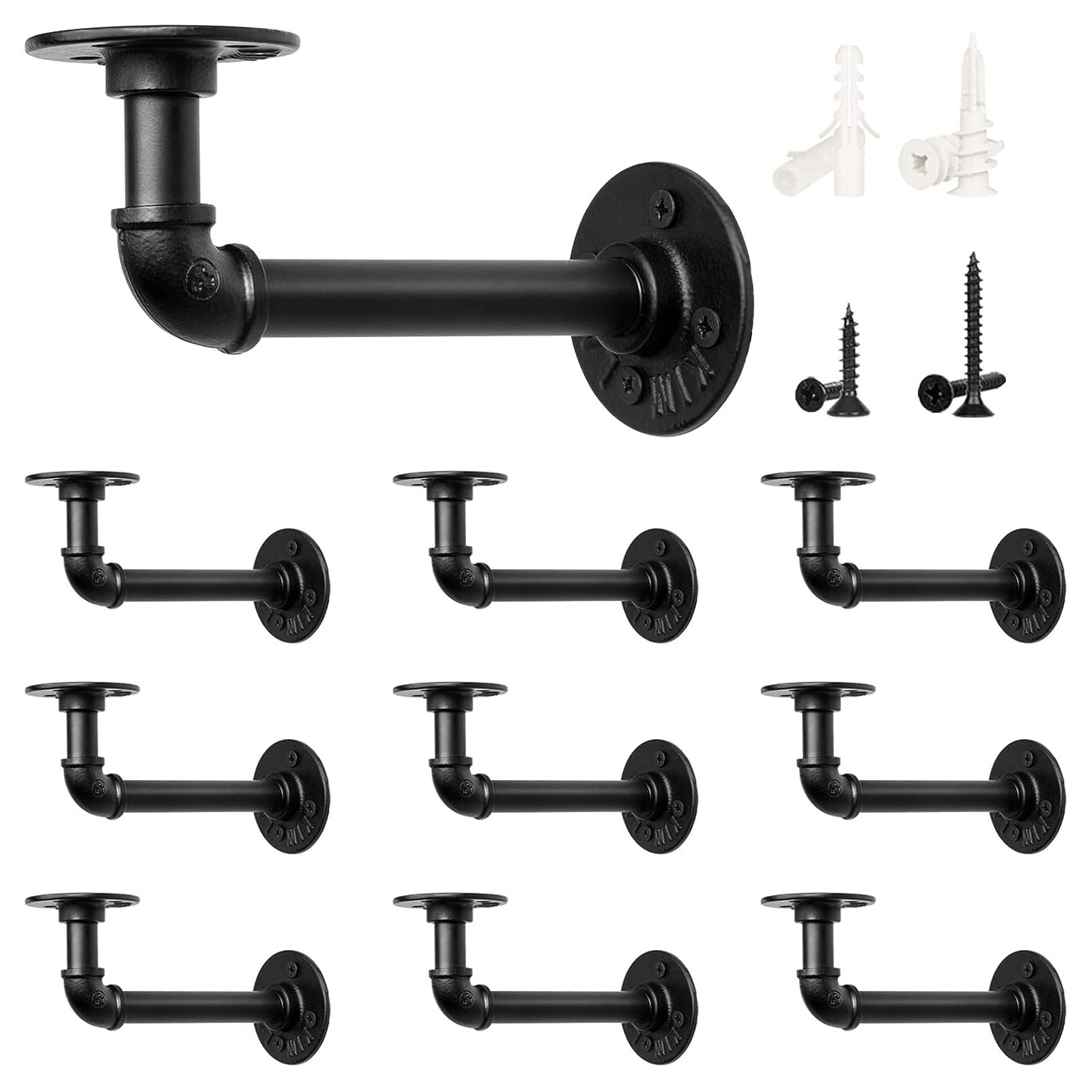 LuckIn Paquete de 10 soportes de estante de tubería para estantes flotantes de 8, 10 y 12 pulgadas, soporte de tubería de hierro industrial, soportes de estantería de metal resistente, color negro