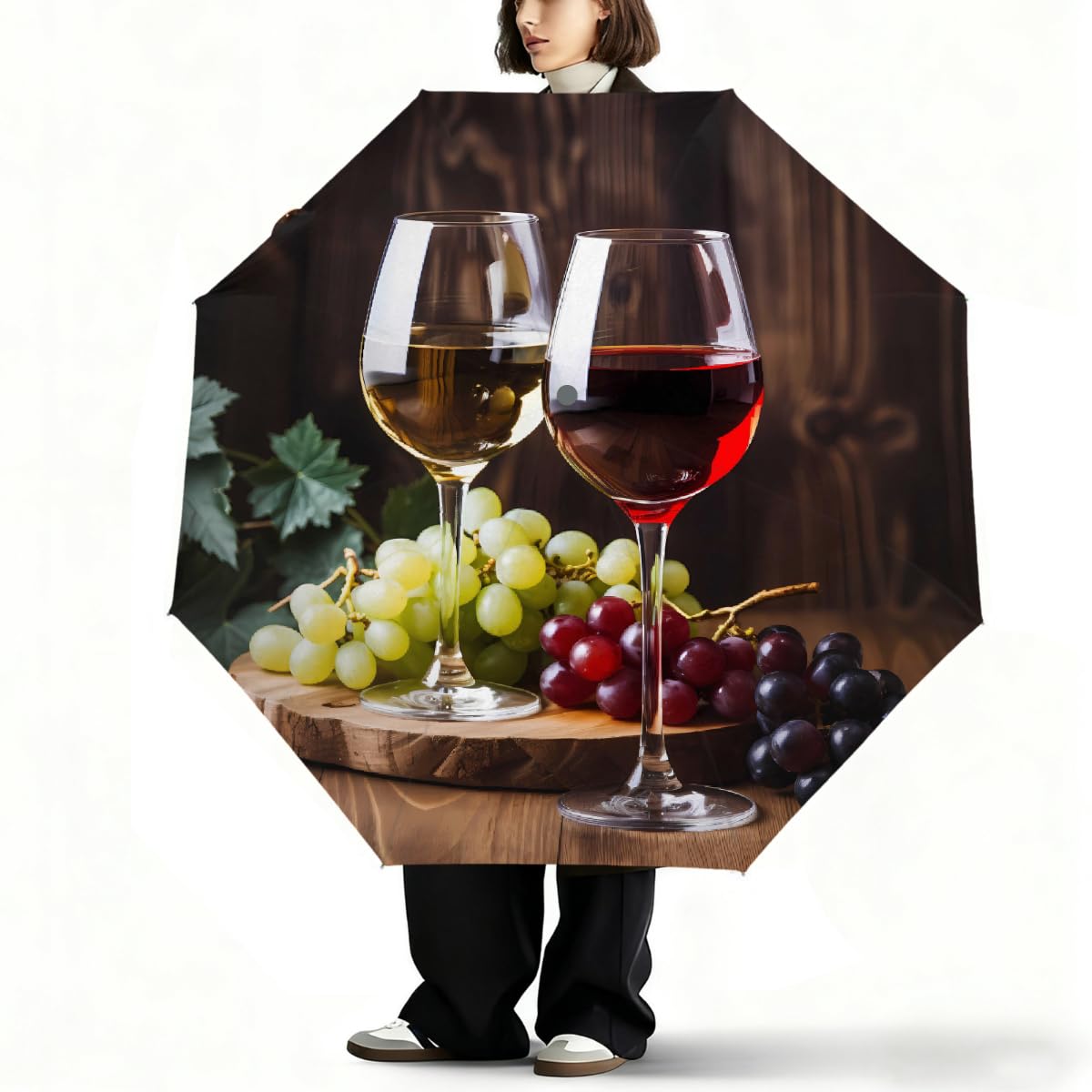 Ombrello da viaggio pieghevole in vetro da vino, ombrello da viaggio, compatto, antivento, impermeabile, con protezione UV, rivestimento nero, leggero, 8 costine, portatile, per pioggia e sole