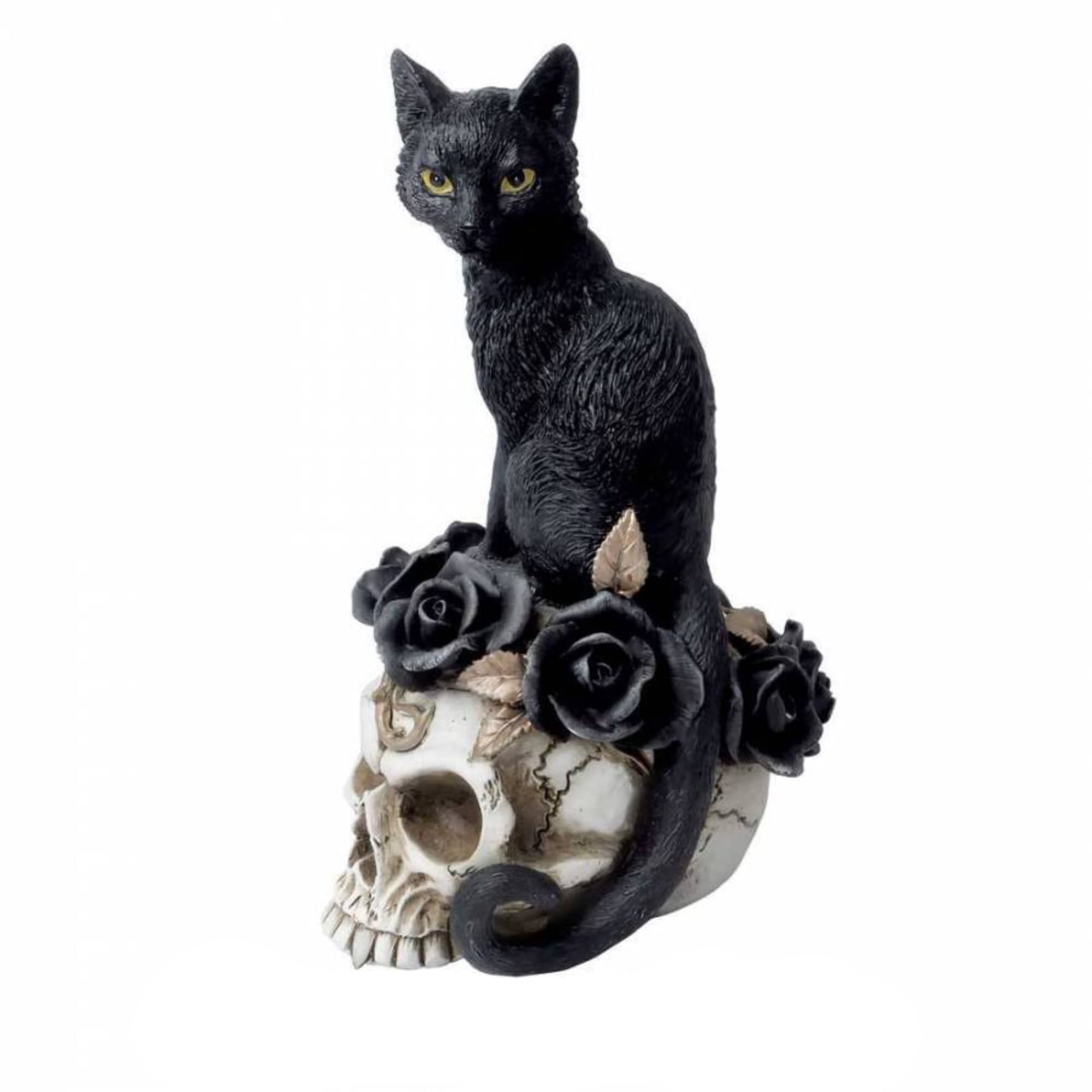 Chat noir sur crâne rompez la monotonie avec cette statuette gothique 18cm