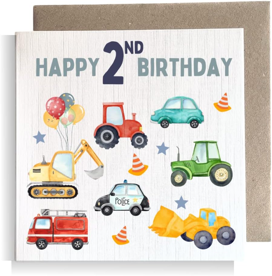 Second Ave 2nd Birthday Age 2 Children's Kids Baby Tractor Car Square Card For Boy or Girl Birthday