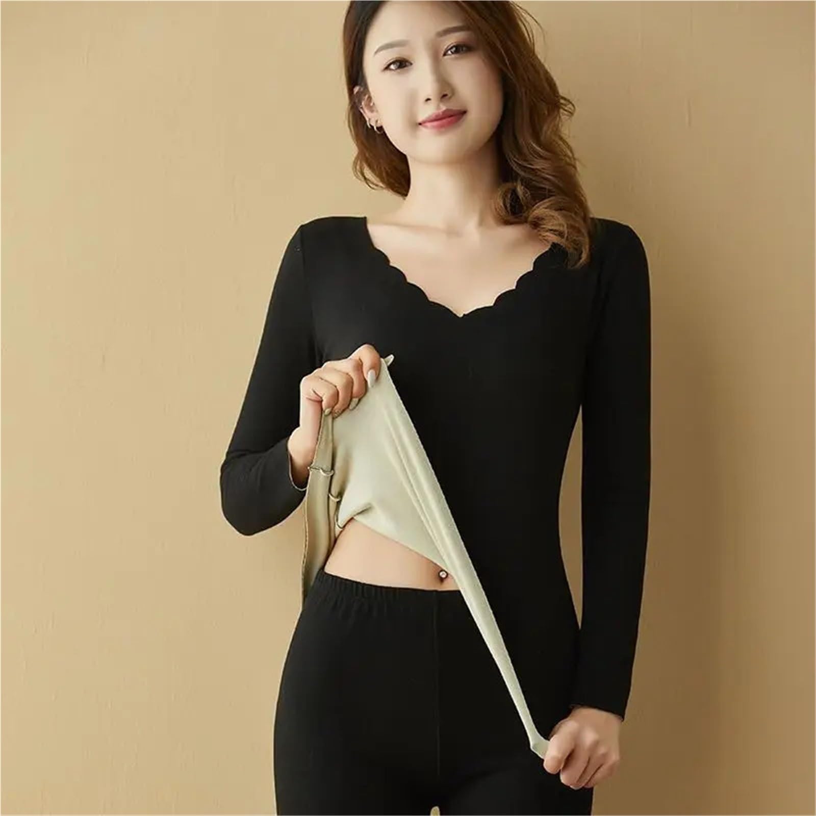 Conjunto TéRmico para Mujer Conjunto de Ropa Interior térmica Invierno for Mujer, Tops Manga Larga sin Costuras, Traje Largo lencería for