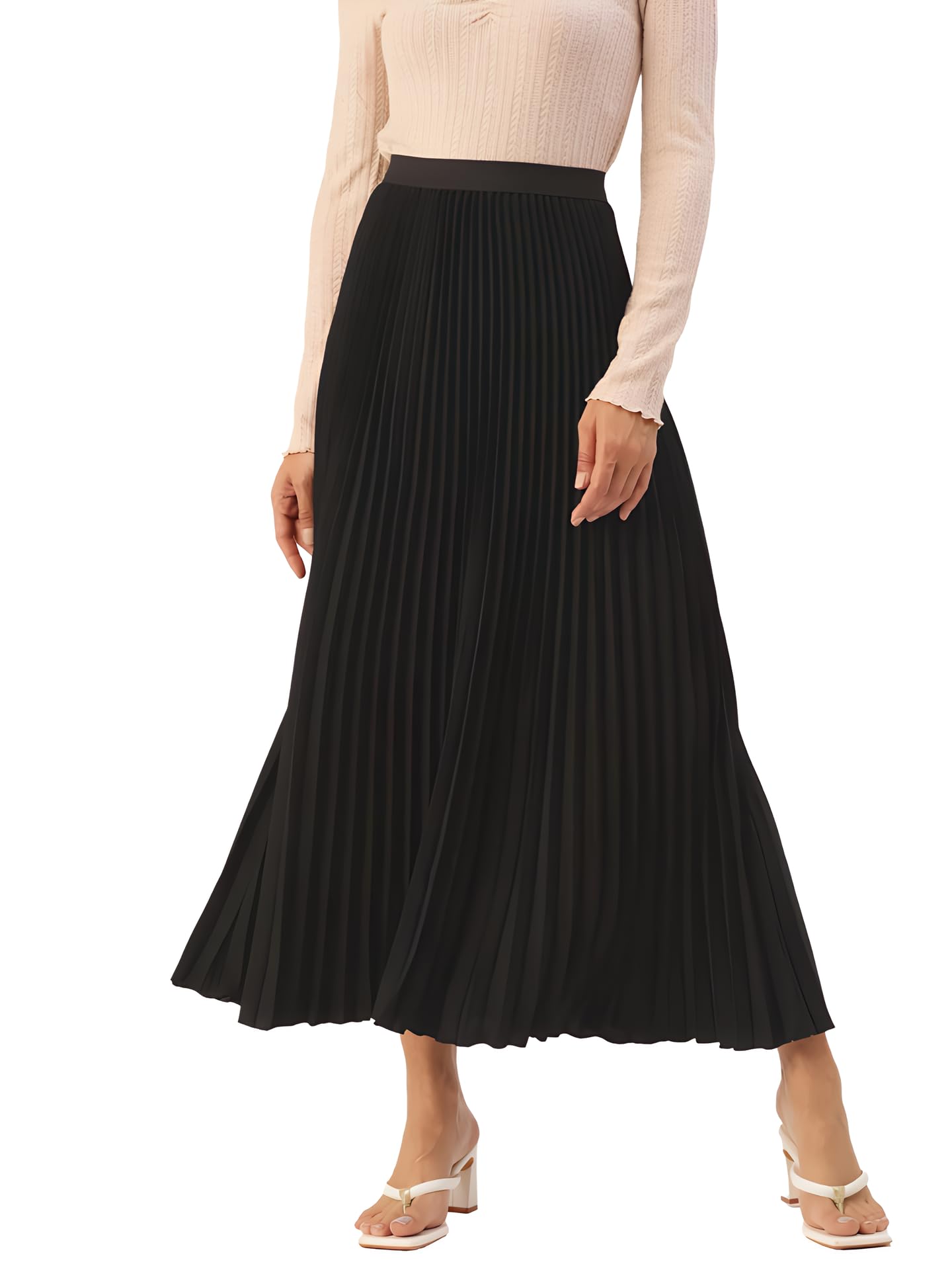 kzully | Flowing Grace Women's Satin Accordian Pleat Maxi Flared Skirt Black-picture-19