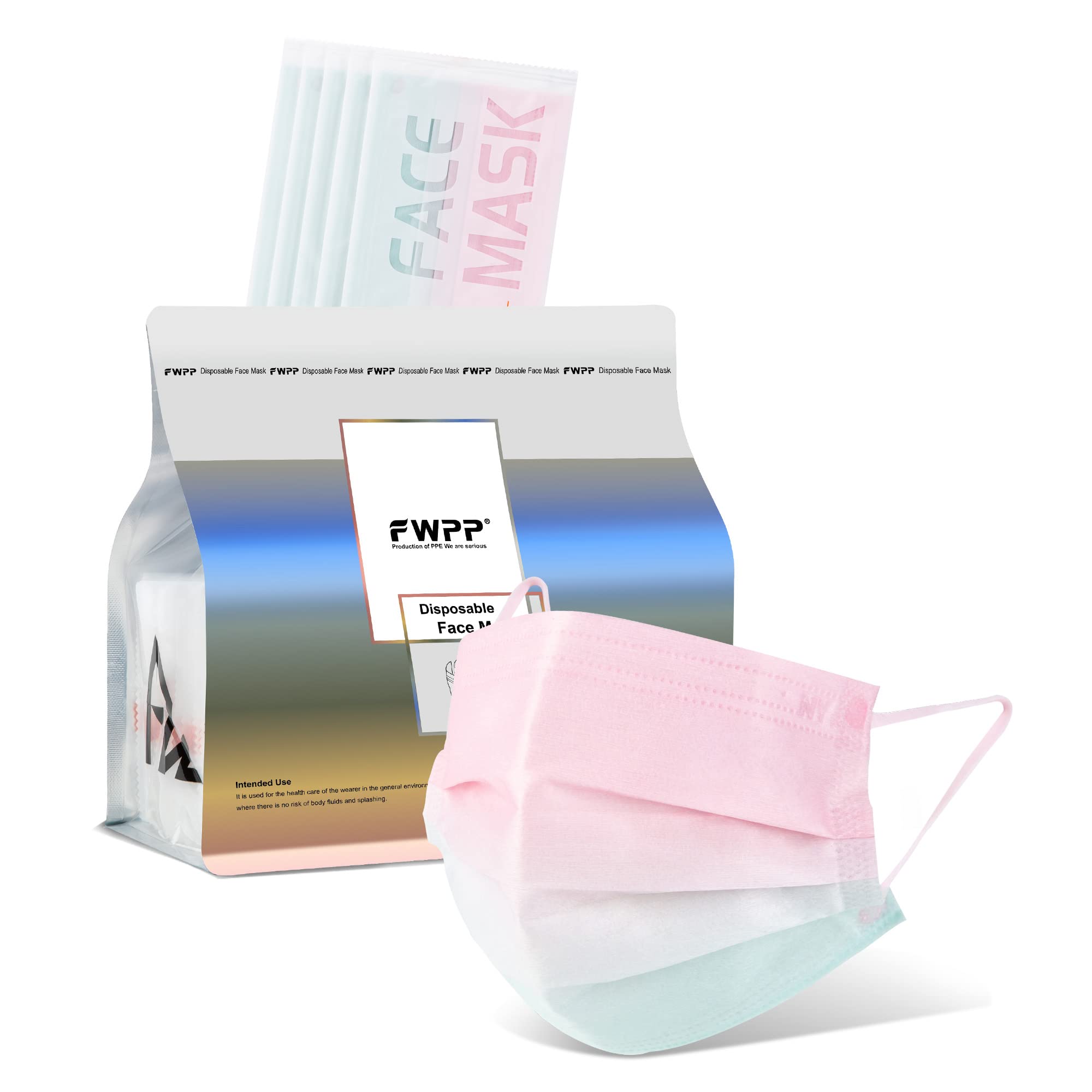 FWPP Disposable Face Masks Wide Flat Earloop Individually wrapped 3 layer Spunlace Non-woven Fabric Pink Blue Gradient 50pcs