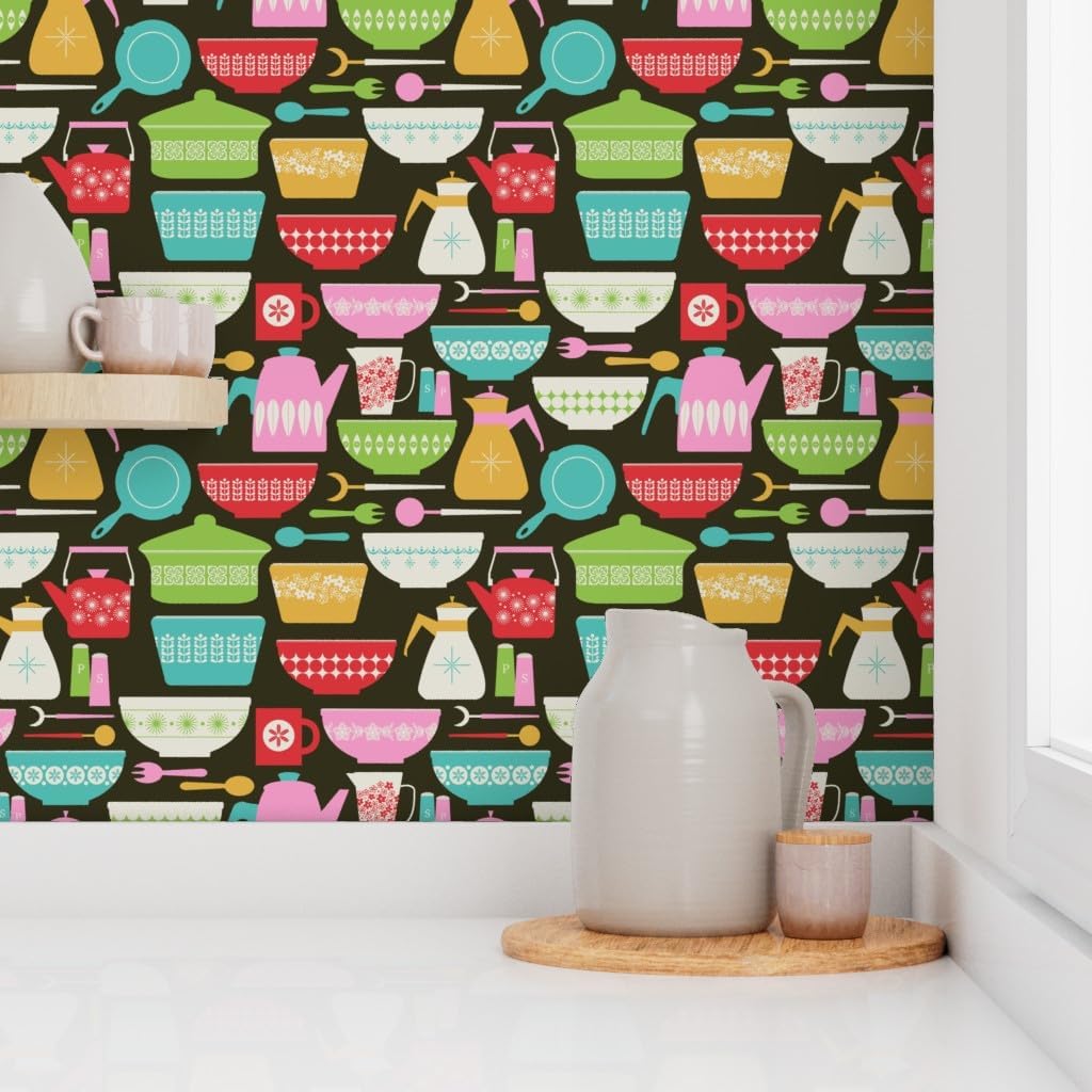Peel & Stick Wallpaper 3ft x 2ft - Vintage Kitchen Bright Pink Green Blue Red Retro 1950S Custom Removable Wallpaper by Spoonflower