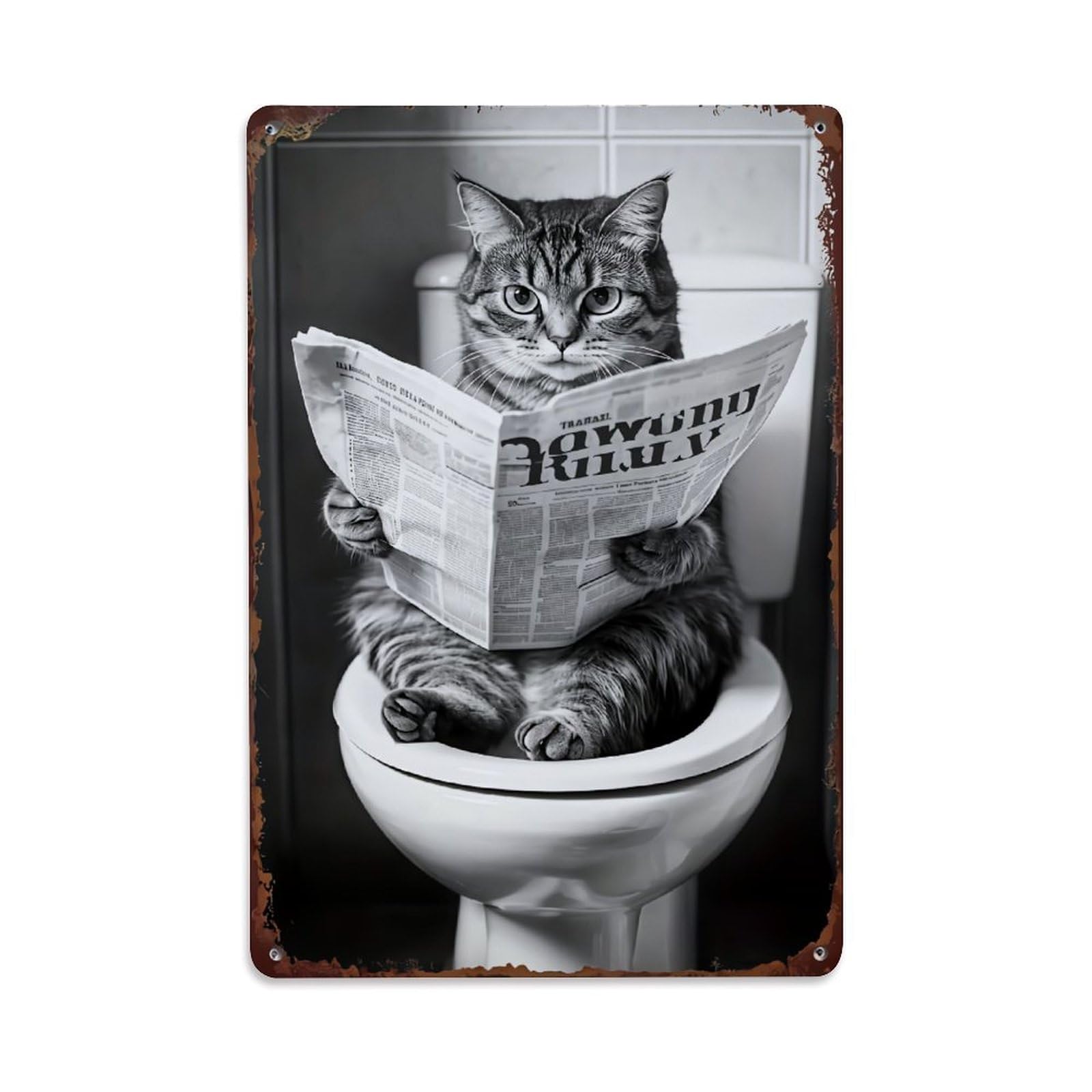 Bliveurn Vintage Cat Reading Newspaper On Toilet Retro Metal Tin Sign, Metal Poster For Home, Gaming Room, Studio Workshop,Bar,Garage Wall Art Decor 8X12 Inch