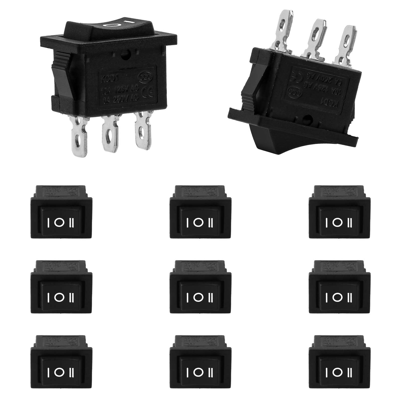10pcs 3 Position Boat Rocker Switch On/Off/On 3pin Snap Toggle Switches SPST KCD1 125v 250v