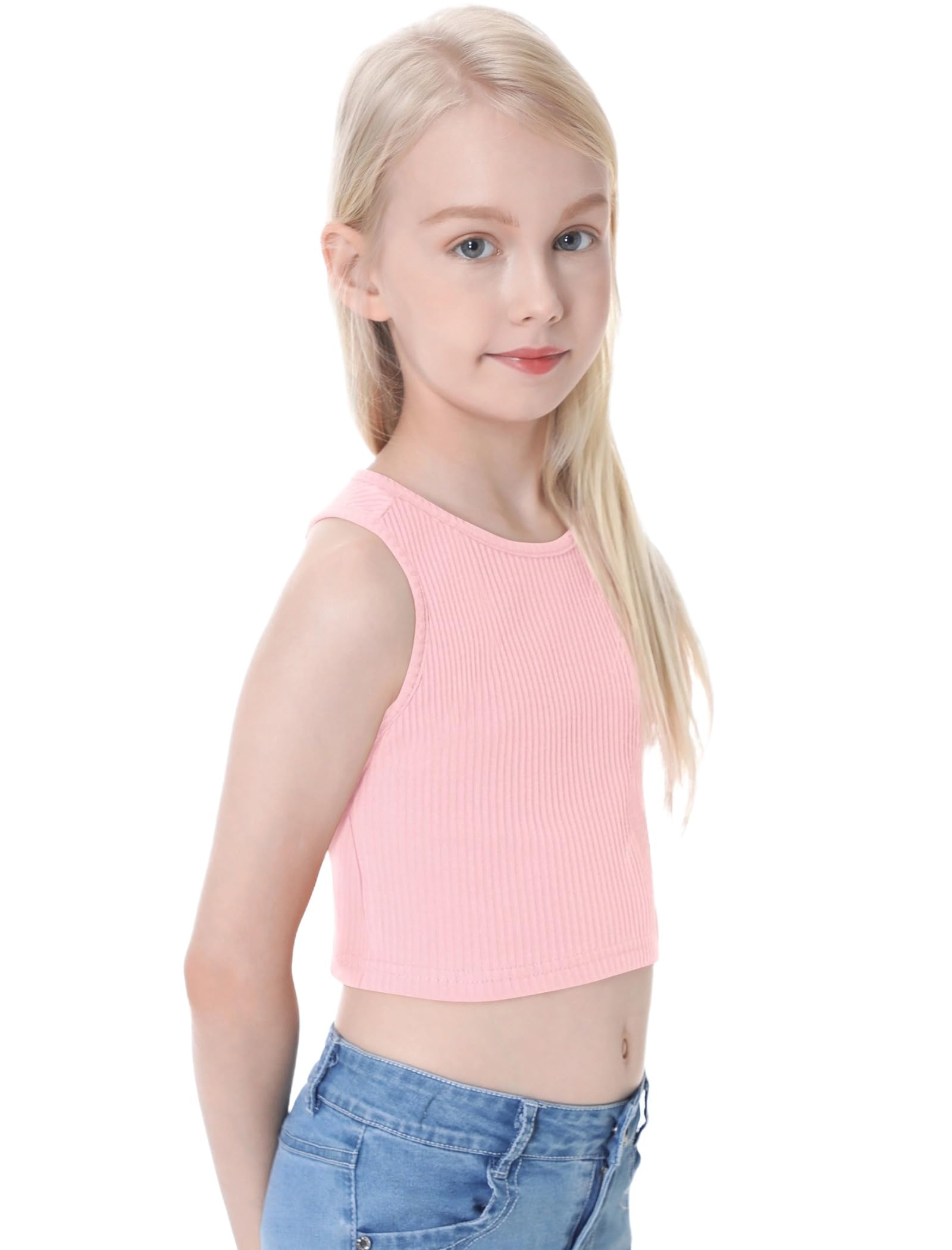 EXARUS Camiseta corta sin mangas para niña, de punto acanalado, sin mangas, cuello redondo, espalda cruzada, casual, linda, ombliguera, 6-12 años