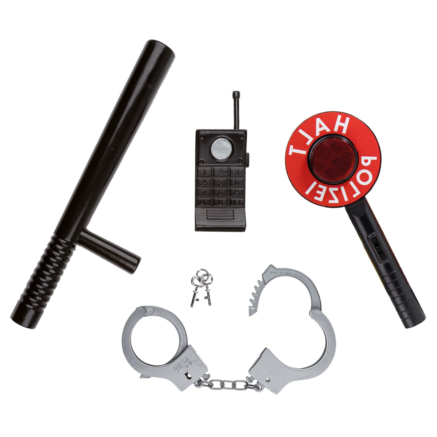 Idena 90256 - Polizei Einsatzset, 4-teiliges Set mit Polizeikelle, Schlagstock, Handschellen und Walkie-Talkie, für Kinder ab 5 Jahren