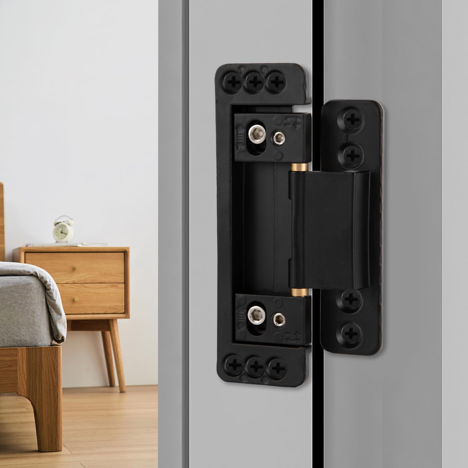 Ultracienkie ukryte zawiasy drzwiowe 12 × 3,7 × 2,2 cm, regulowany zawias tylny 110°, regulowany zawias do drzwi wahadłowych, nośność 60 kg, niewidoczny zawias do tajnych drzwi (czarny)