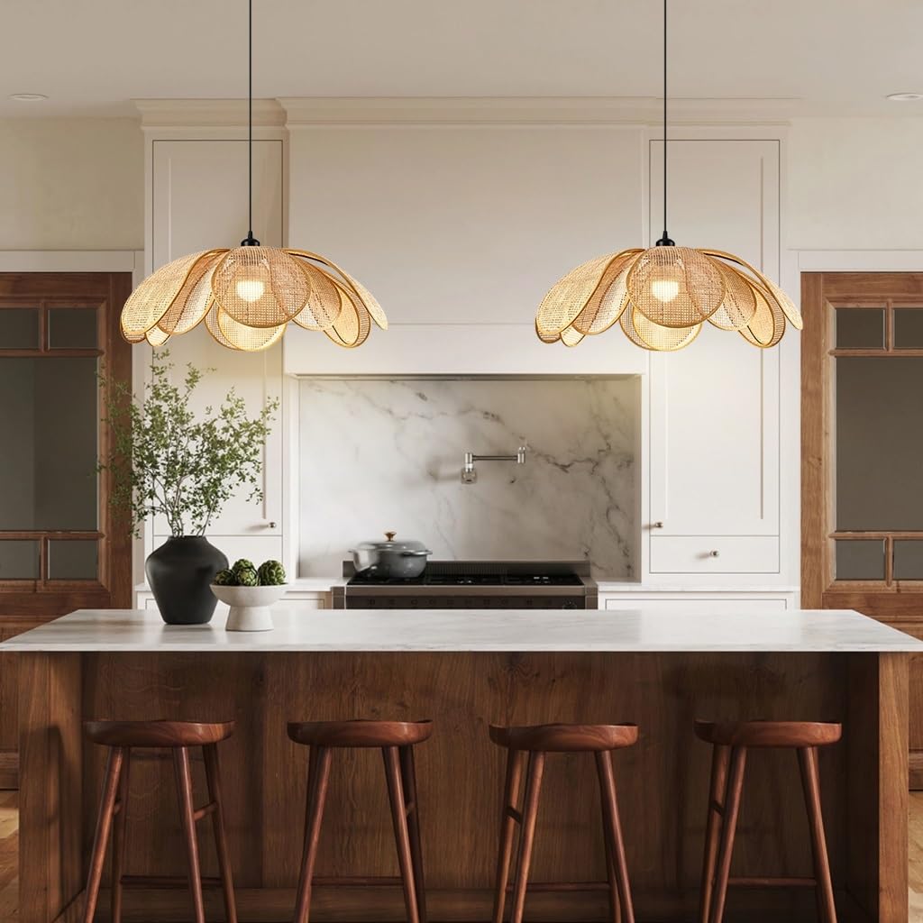 YUPIN Suspension En Rotin Bohème Lampe À Suspension Créatives À Fleurs Wabi Sabi Pour Table À Manger Lustre Suspendue Style Nordique E27 Réglable Pour Salle À Manger Îlot De Cuisine Salon(50cm)