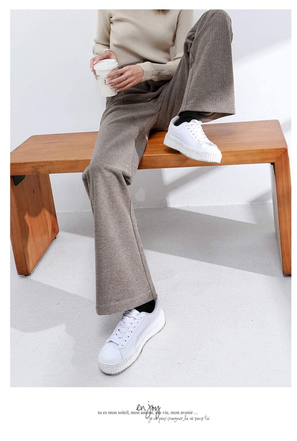 Pantalones De Pierna Ancha para Mujer - Pierna Ancha De Lana De Moda, Pantalones De Pierna Recta De Cintura Alta Cálidos De Otoño E Invierno, Pantalones Gruesos Suaves Pantalones De