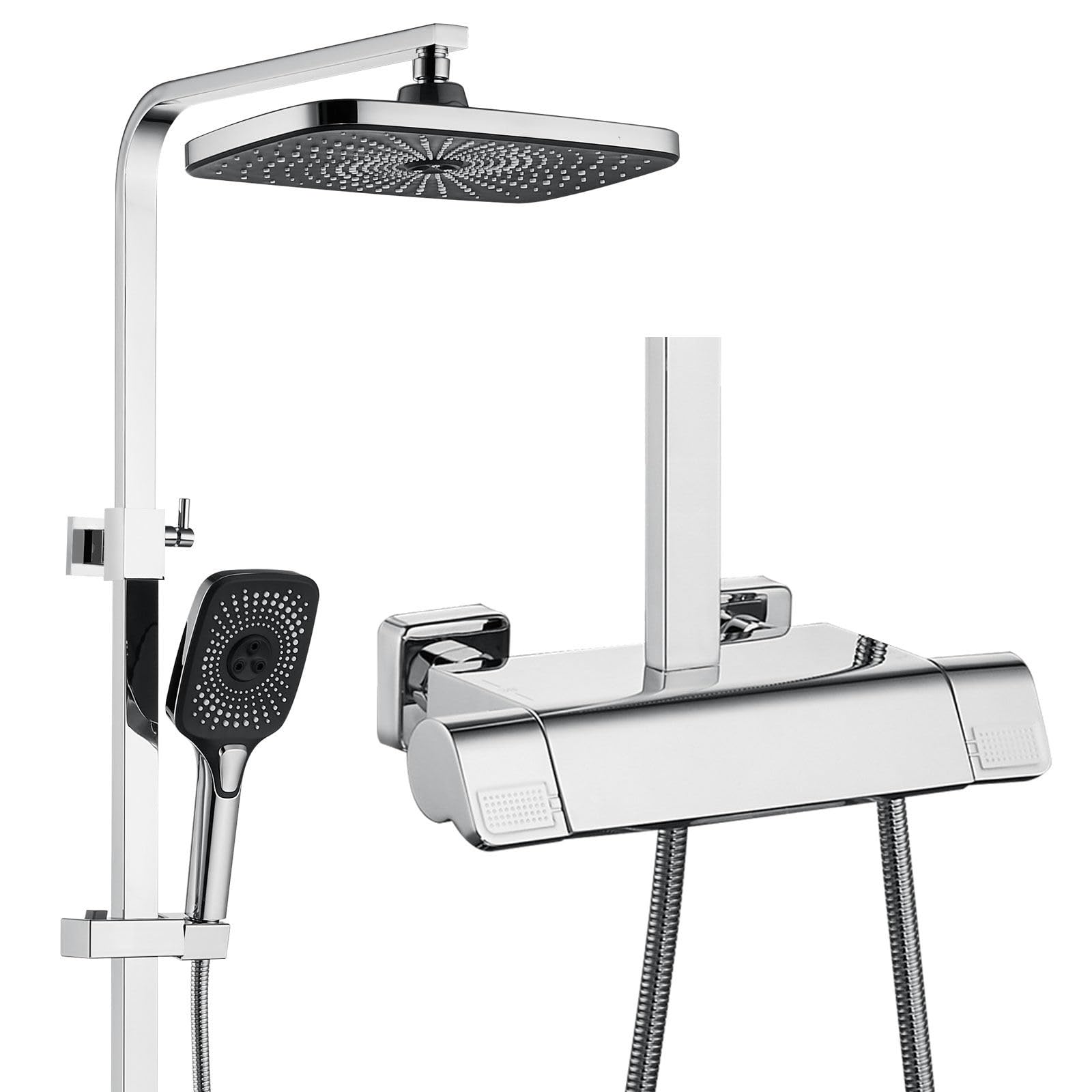 Système de douche thermostatique complet avec ensemble de douche à effet pluie moderne carré