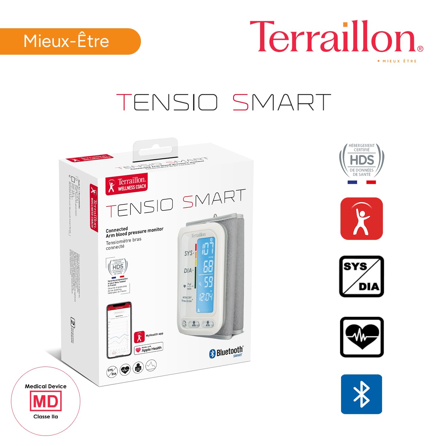 TERRAILLON – TENSIO SMART, Tensiomètre Bras Connecté, Bluetooth, Tension Artérielle, Rythme Cardiaque, Indicateurs couleur, 2 profils, 60 Mémoires, Dim. brassard 22-32cm, Blanc