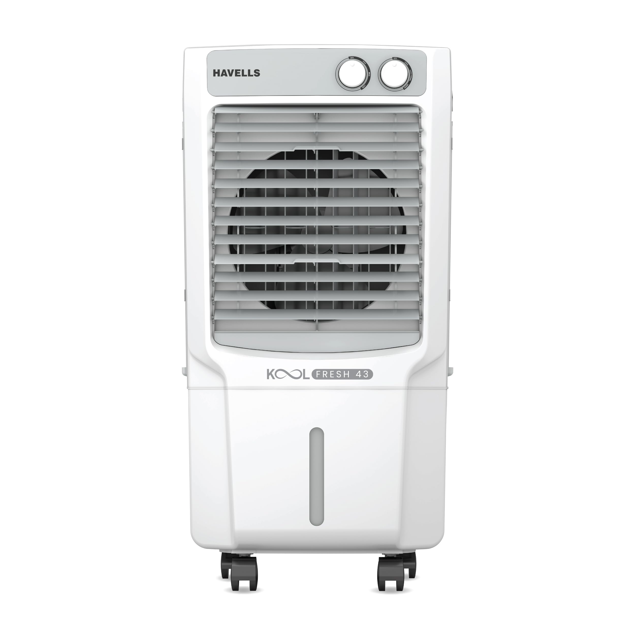 Havells KoolFresh 43 L Personal Air Cooler for Room|Powerful Air-Delivery|Dual Flow Technology|Fan & 3 Side Bacteria Shield Honeycomb Pads|Ice Chamber|Fully Collapsible Louvers|Front Wheel with Brakes