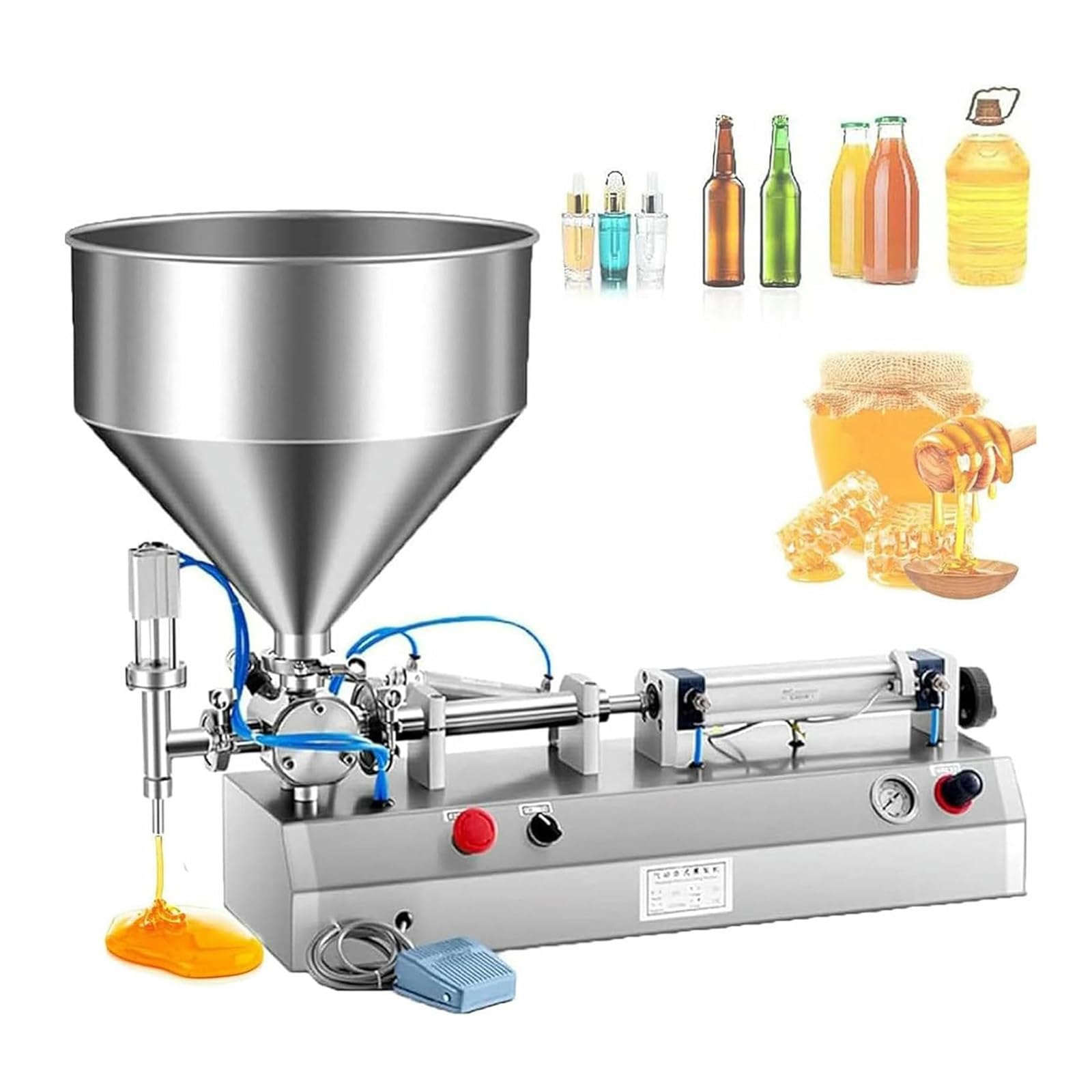 Llenadora neumática de pistón para líquidos y pasta, tolva de 30 litros, 300 W, 15-35 latas/minuto, máquina automática de llenado de botellas con boquilla a prueba de fugas, capacidad de 50-500 ml
