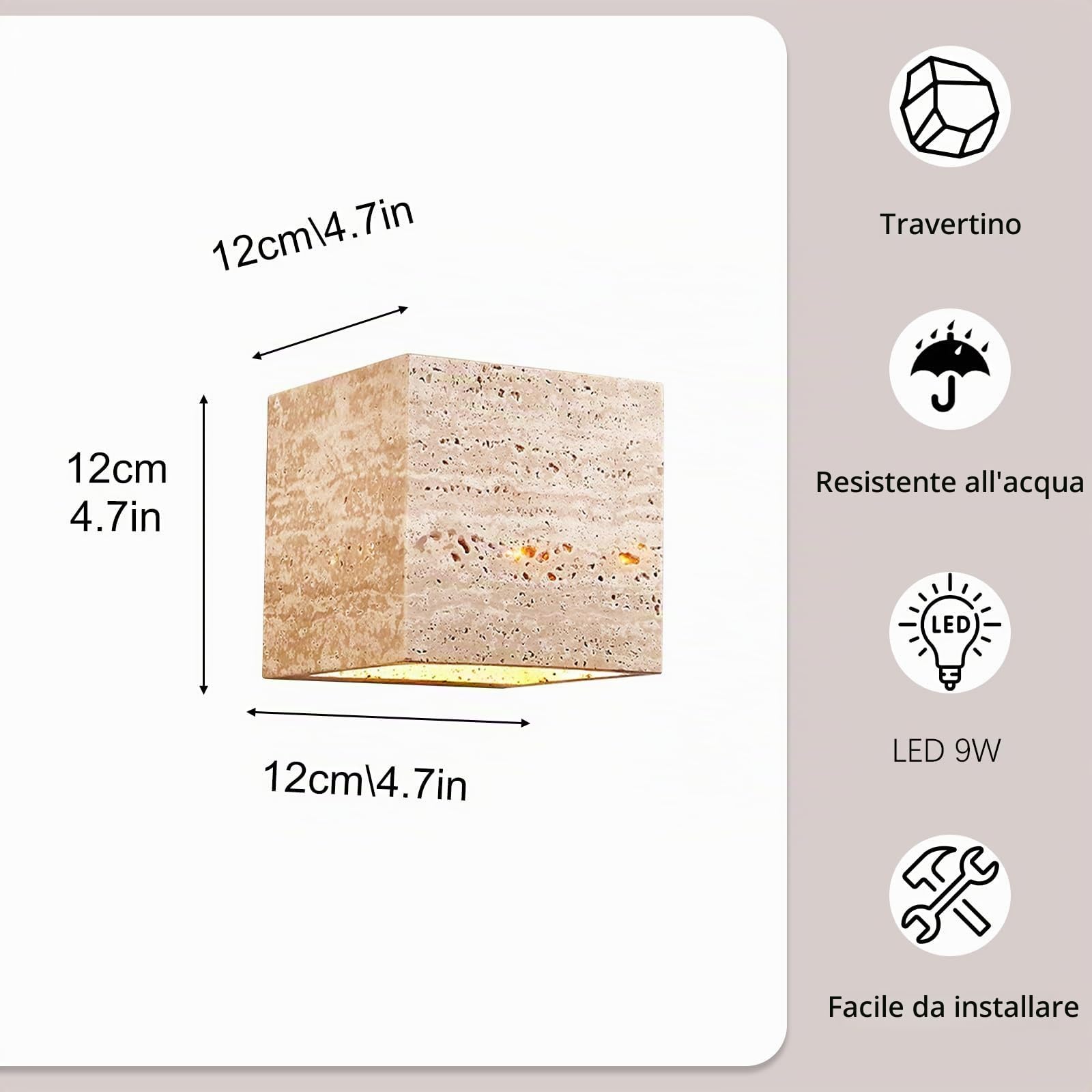 Applique da parete in travertino giallo for esterni/interni, lampada da parete in pietra impermeabile IP65 for esterni, paralume in marmo naturale apparecchi di illuminazione(Square)
