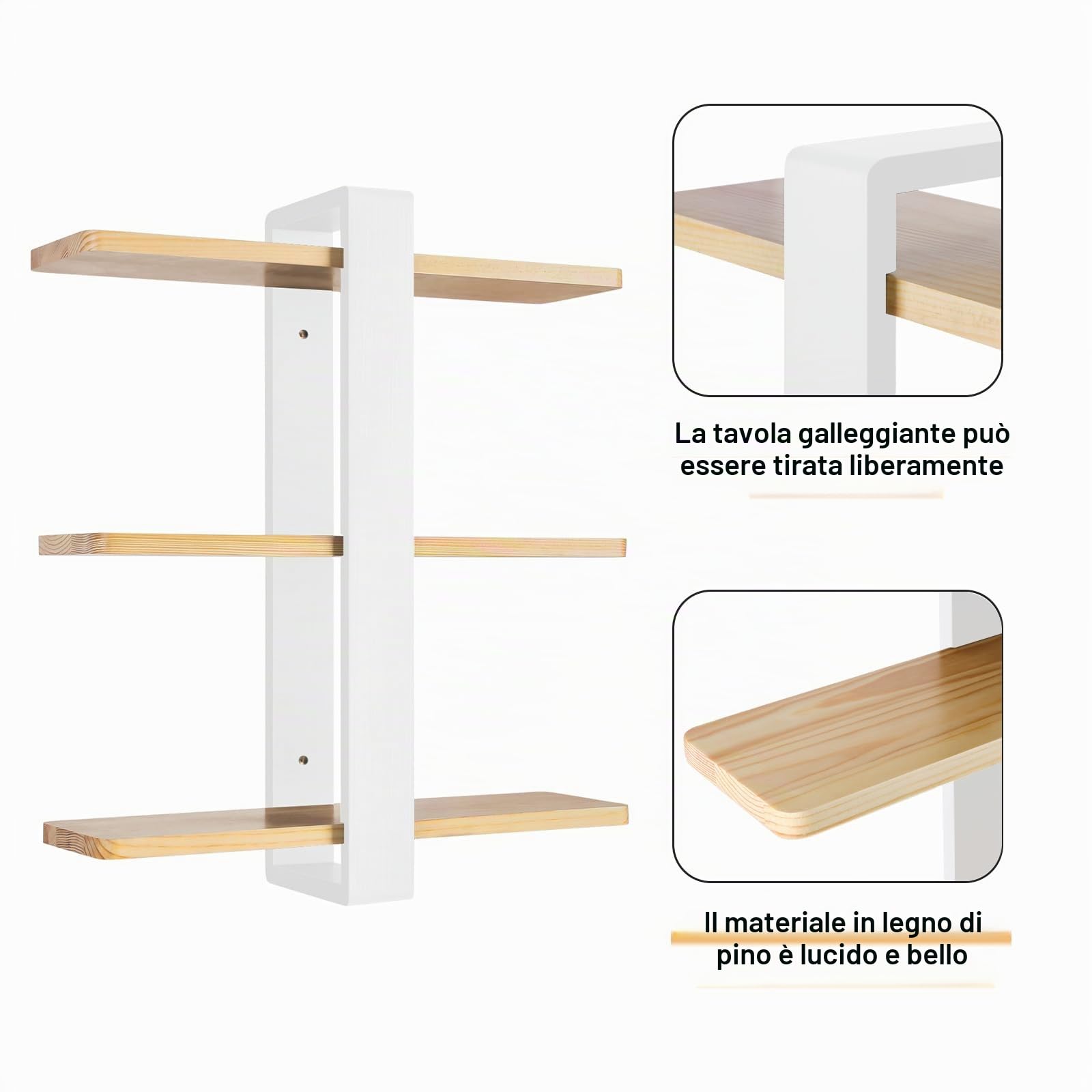 HUOLE Mensola da parete industriale in acciaio per tubi in legno, mensola sospesa, libreria a 3 livelli, per cucina, soggiorno, camera da letto, 58 x 50 x 16 cm, bianco (2 pezzi)