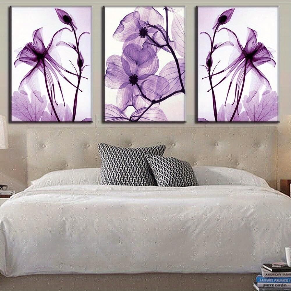 JKEVCBIAX Piece Purple Flower Wall Art Canvas-Soft Color Aesthetic Mysterious Wall Art Home Wall Decoration Art Painting(70x90cmx3/NO frame)