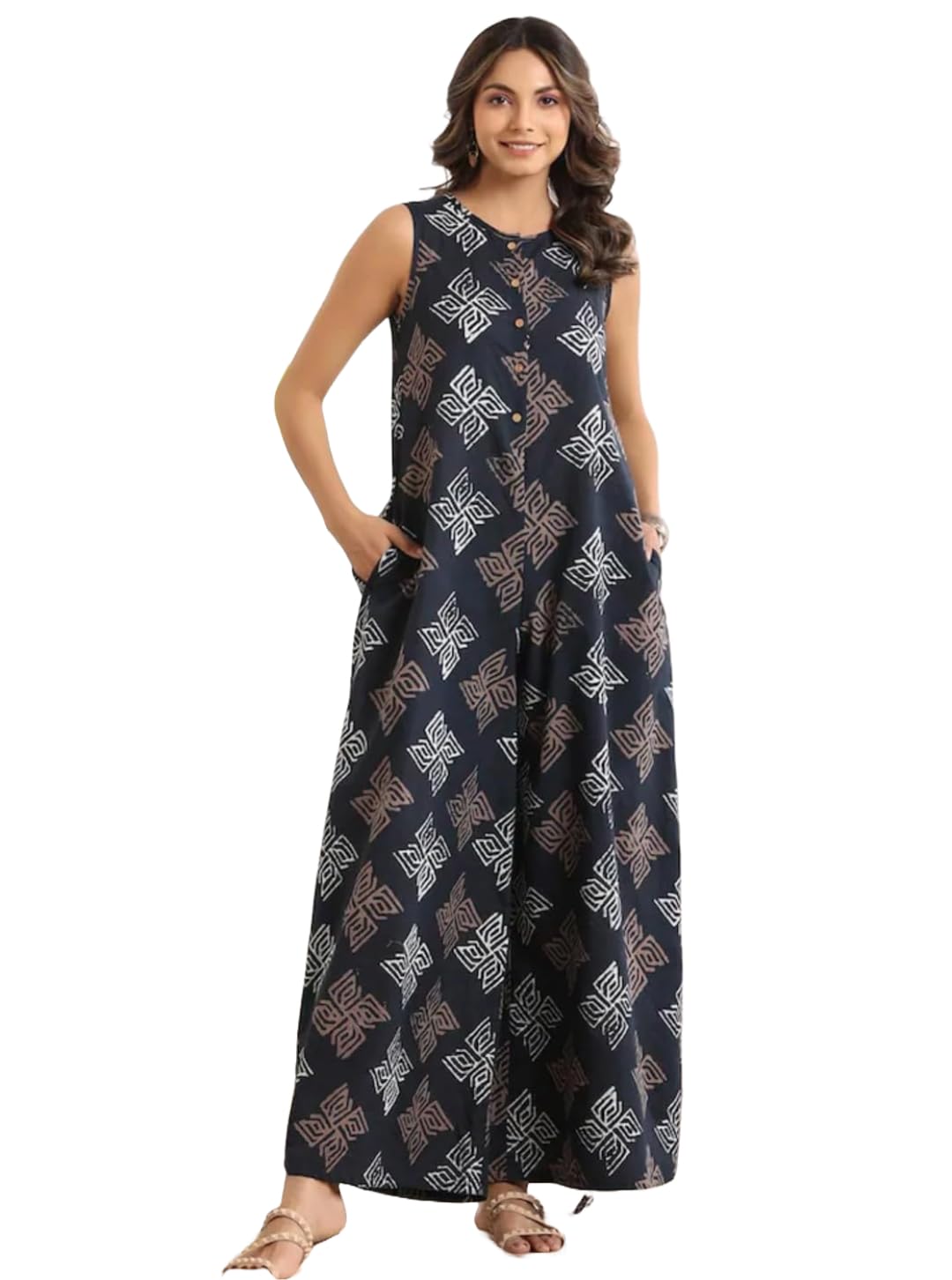 Black Rayon Long Top/Dress: Swastik Print, Jumpsuit Pattern, Button Line Work || Kurti, Kurta, Dress or Gown for Teenage Girls & Women (K34-M1)