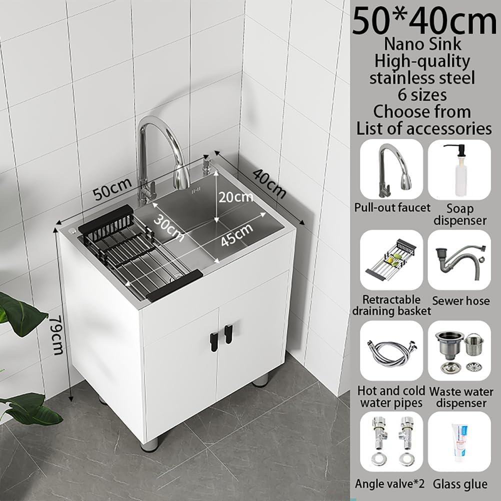 19.6-29.5In Stainless Steel Laundry Sink with Pull-Down Faucet,with Cabinet Utility Sink,Free Standing Single Bowl Kitchen Sink,for Bathroom Laundry Room Garage Basement,White,50 * 40 * 79cm