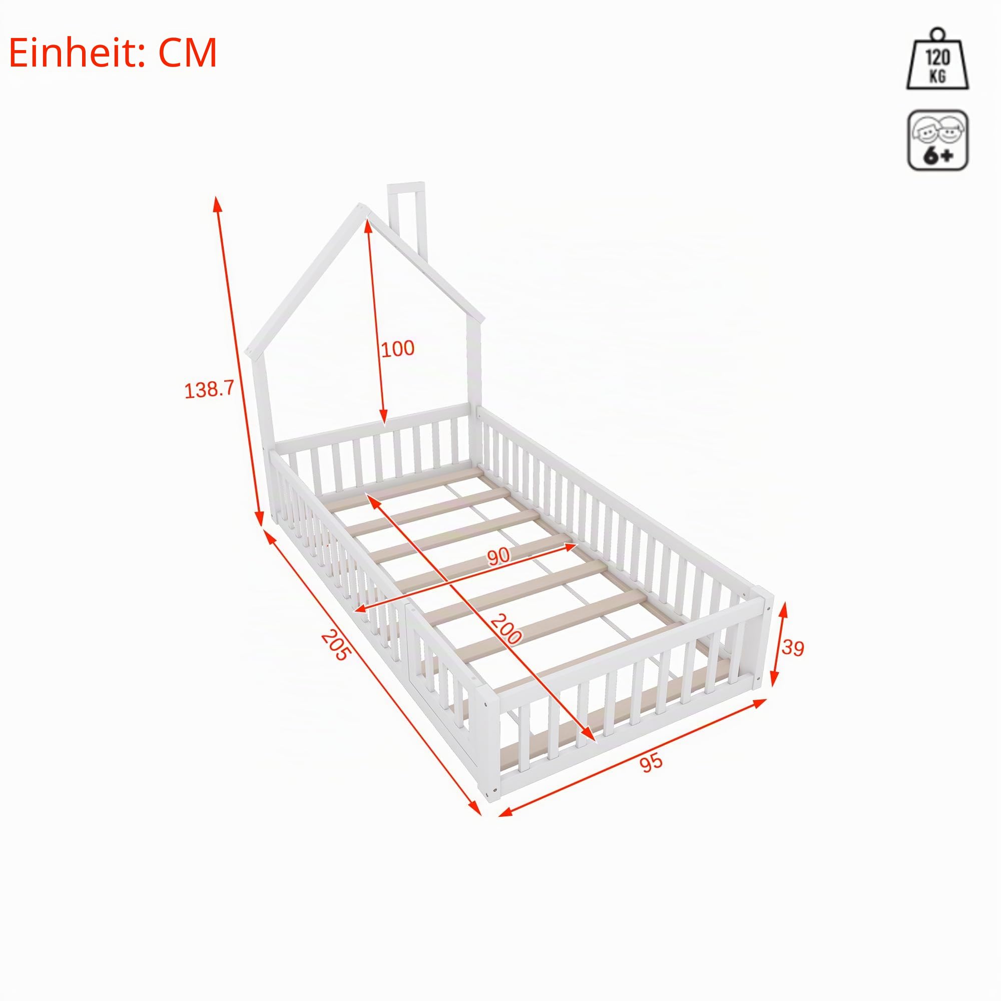 Merax Kinderbett Bodenbett 90x200 cm Hausbett mit Rausfallschutz & Lattenrost, Schornsteinform, öffnbarem Zaun - Montessori Bett, Jugendbett, Holz Bettgestell(ohne Matratze), Weiß