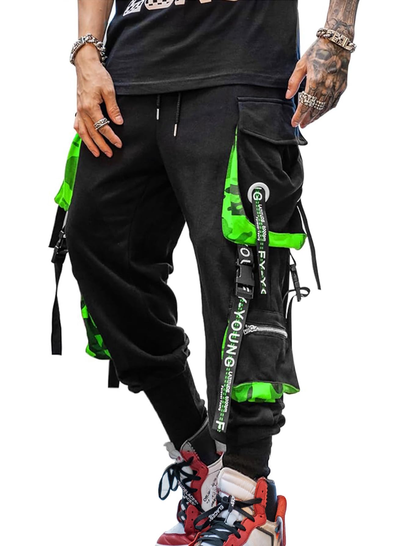 Hello MrLin Jogginghose für Herren, Punk, Cargohose, Baggy, Techwear, Hip-Hop, Haremshose, Streetwear, Taktische Trainingshose, schwarz und grün, Klein