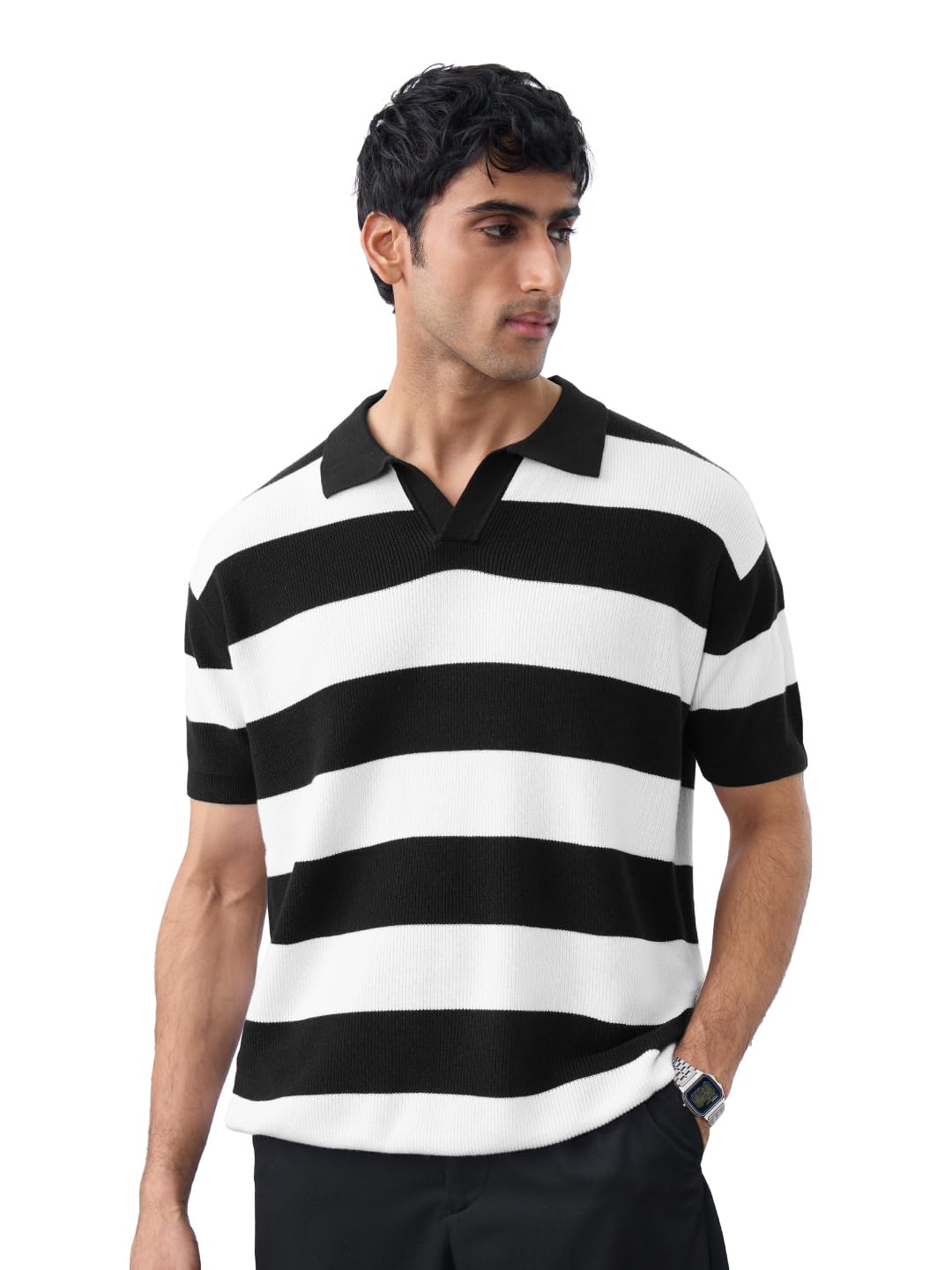 the souled store Relaxed Polo: Cyan Men and Boys Short Sleeve Spread Collar Black and White Striped Cotton Oversized Fit Breathable Lightweight Everyday All-Season Polo Shirts-picture-14