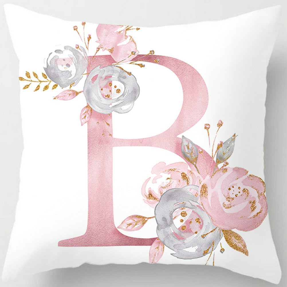Pink Throw Pillow Covers Cute Alphabet Decorative Cushion Covers Square Letter Throw Pillows Protectors for Sofa Couch Bedroom Chair Home Decor 18 x 18 Inch(B)